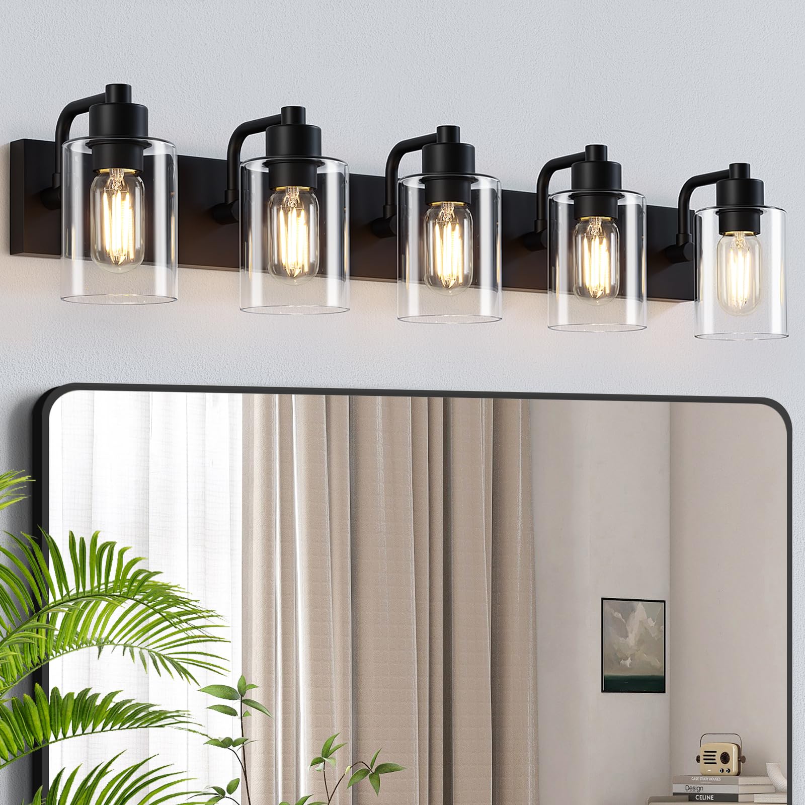 Dpyrrhic 5-Light Vanity Light Fixture, Matte Black Bathroom Lights with Clear Glass Shade, Wall Sconces for Bathroom and Hallway