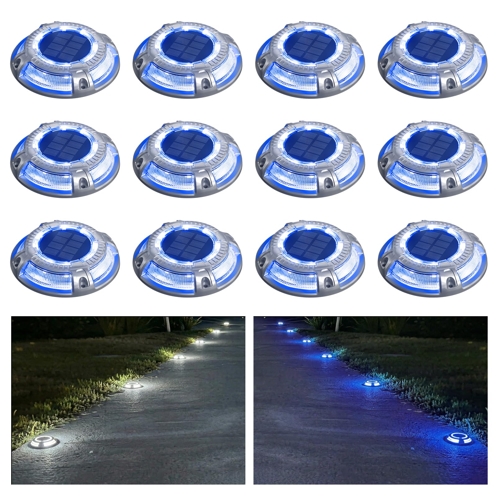 addlon Solar Dock Lights Outdoor 12 Pack, 2 Color Modes LED Deck Marine Waterproof Driveway Marker Lights for Step Sidewalk Stai
