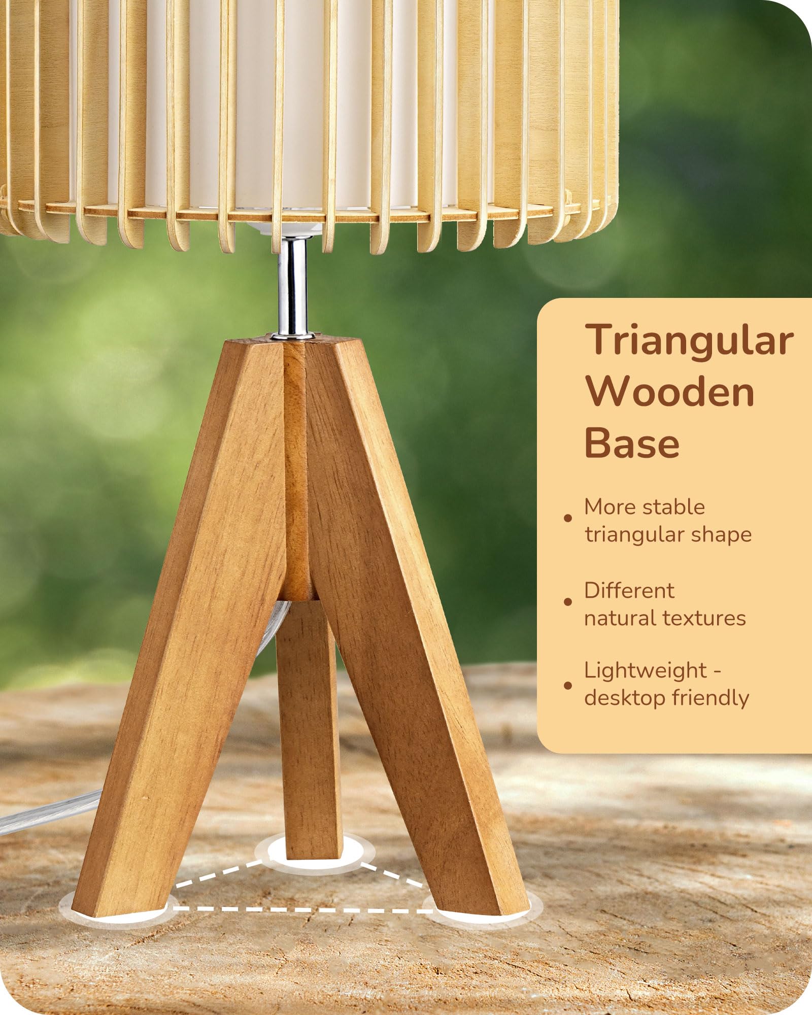 Edishine 14.17'' Small Table Lamp, Wood Tripod Bedside Lamp, Natural Wood-Colored Hollow & White Pvc Shade, E26 Base, Boho Night