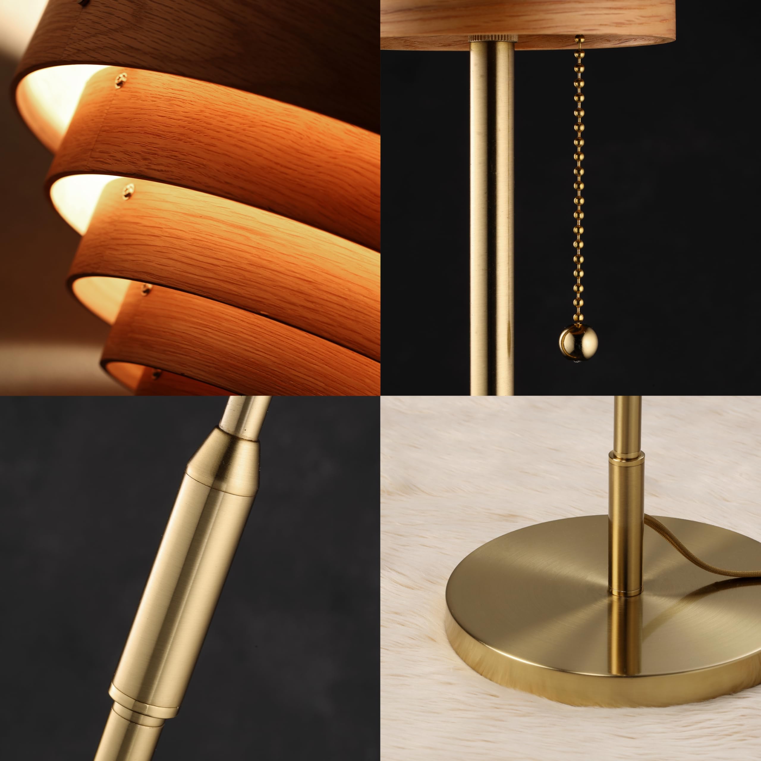 OBright Cascade Floor Lamp - Modern Wooden Lampshade, E26 Socket, Pull Chain Switch, Metal Base, Antique Brass