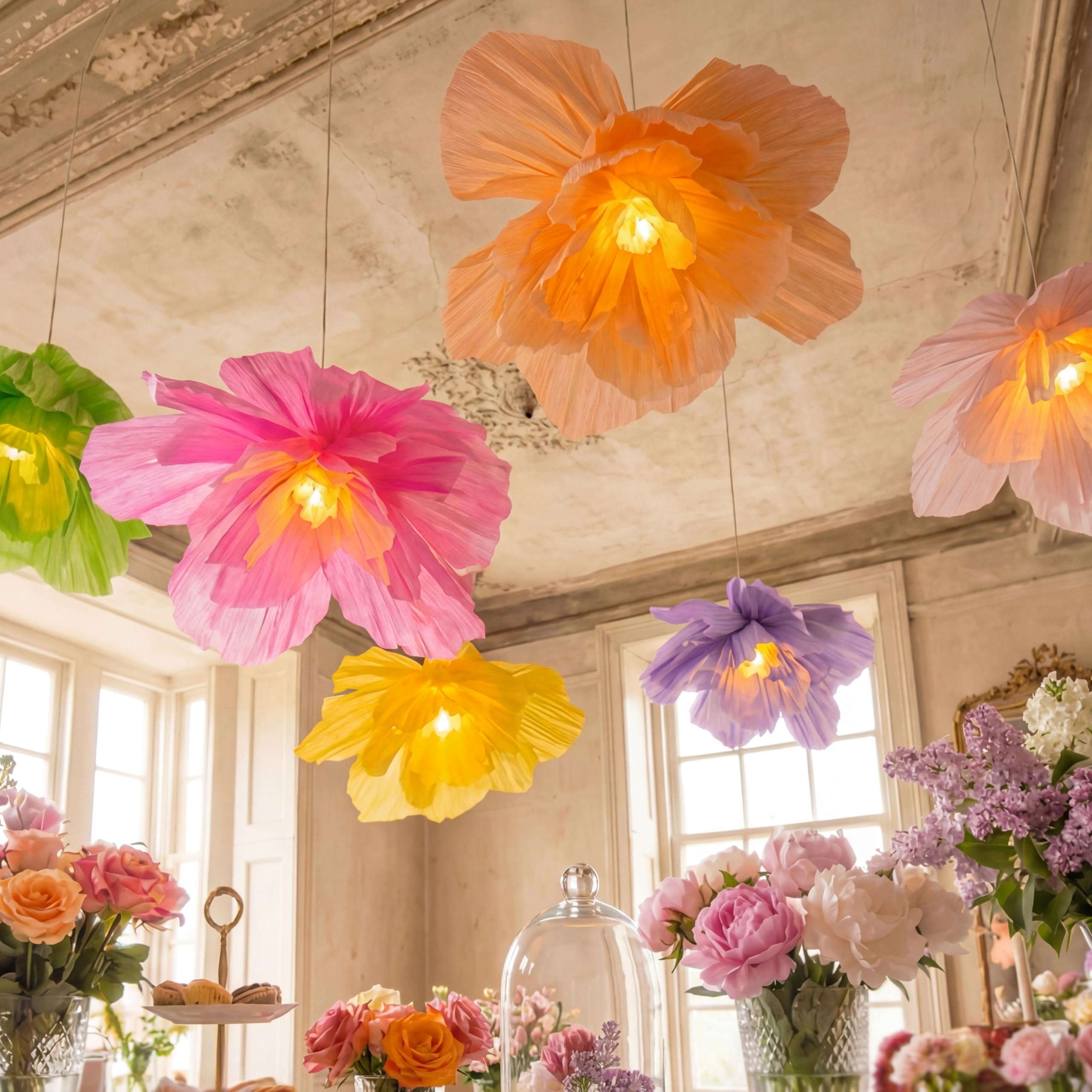 VIHOSE 6 Pcs Large Flower Paper Lanterns Tea Party Decorations 15.7 Inch Tissue Paper Flower with LED Lights for Spring Fancy Pa