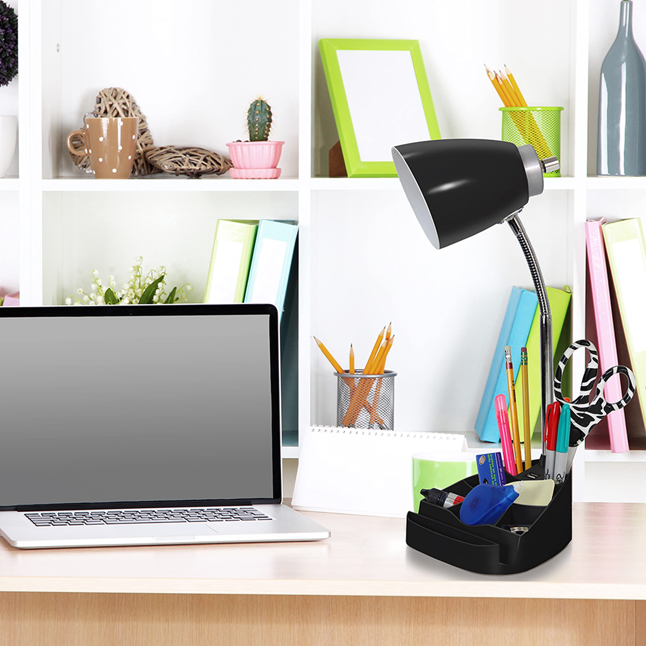 Simple Designs Ld1056-Blk Gooseneck Organizer Desk Lamp With Ipad/Tablet Stand Or Book Holder And Usb Port, Black