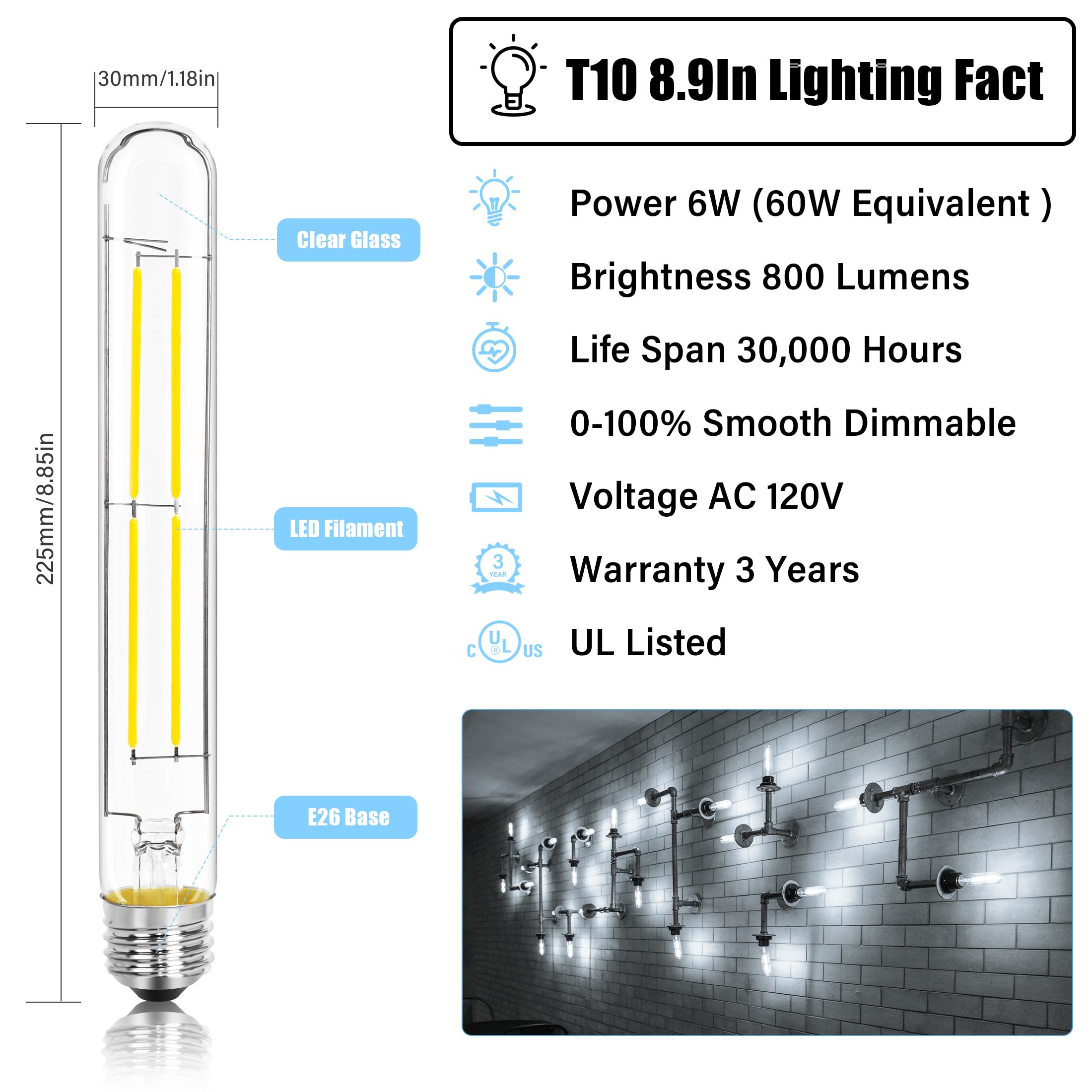 NOVELUX 8.9IN T10 Light Bulbs E26 Base, 800LM Dimmable, 5000K Daylight, Vintage Clear Glass, 4 Pack