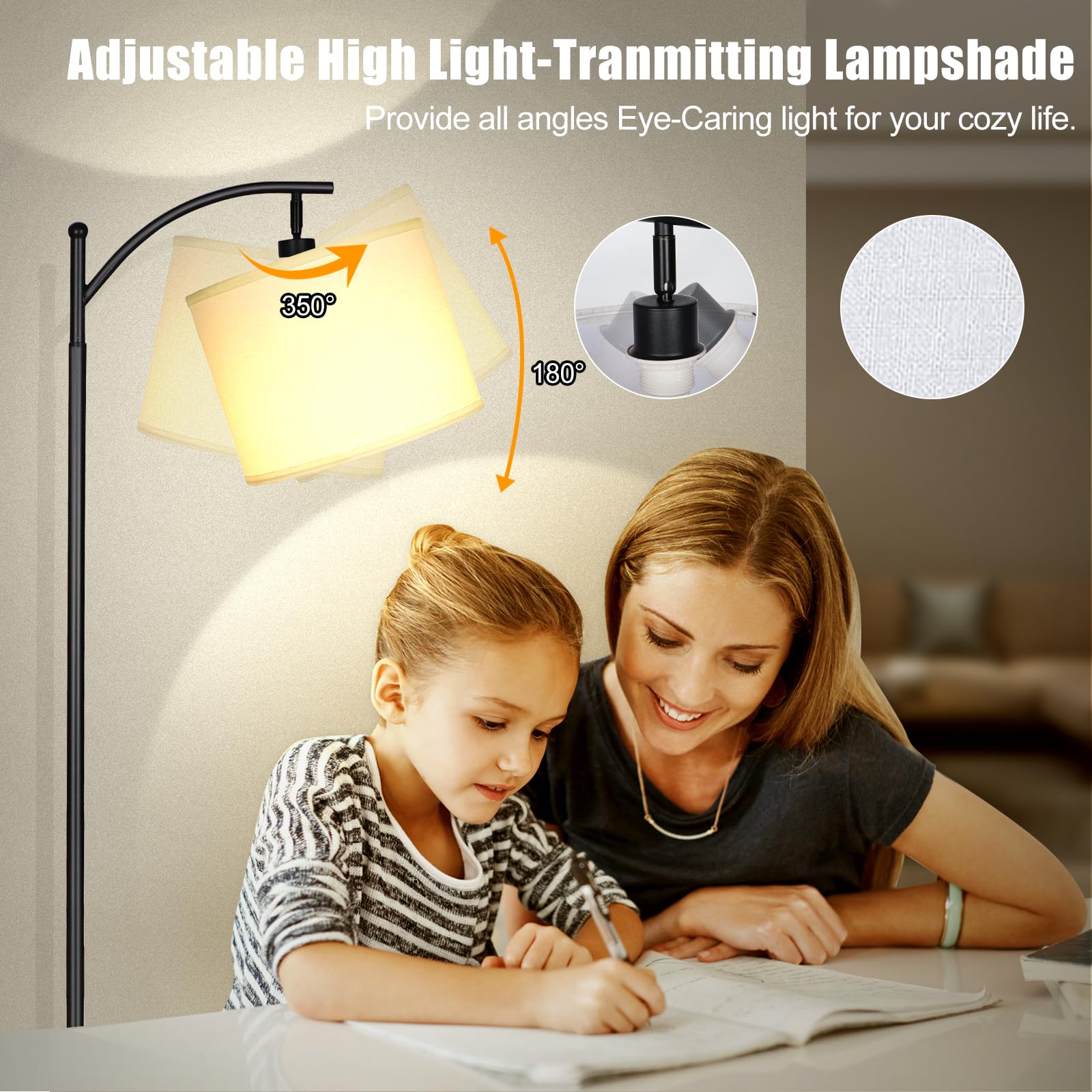 mukuxin LED Floor Lamp - 12W Modern Arc with Remote, Adjustable Linen Shade, Stepless Dimmable, White Shade, Model FLJ-012-F1