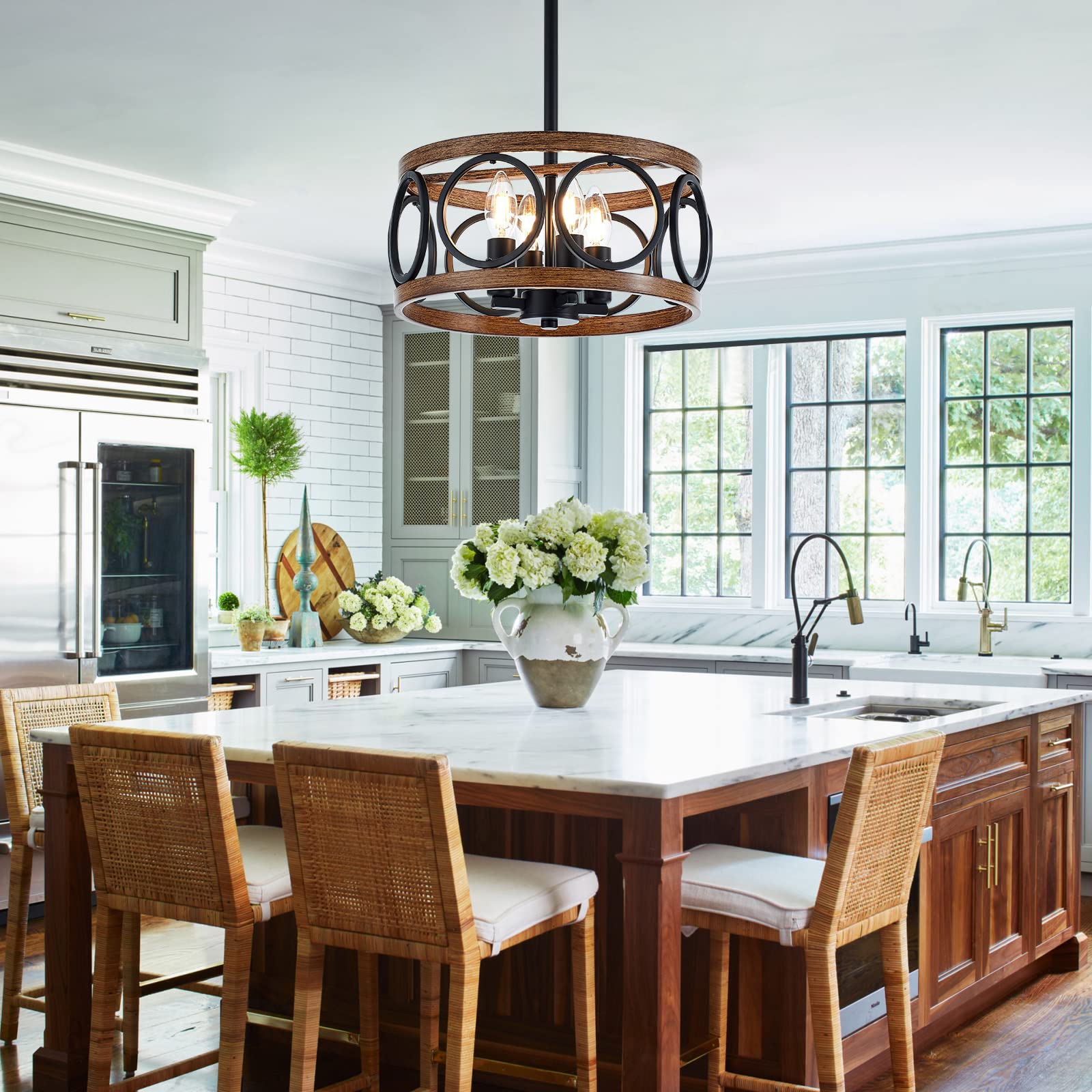 Faibra 4-Light Farmhouse Drum Pendant Light,12.6'' Nature Wood Texture Vintage Rustic Chandeliers Black Metal Industrial Hanging