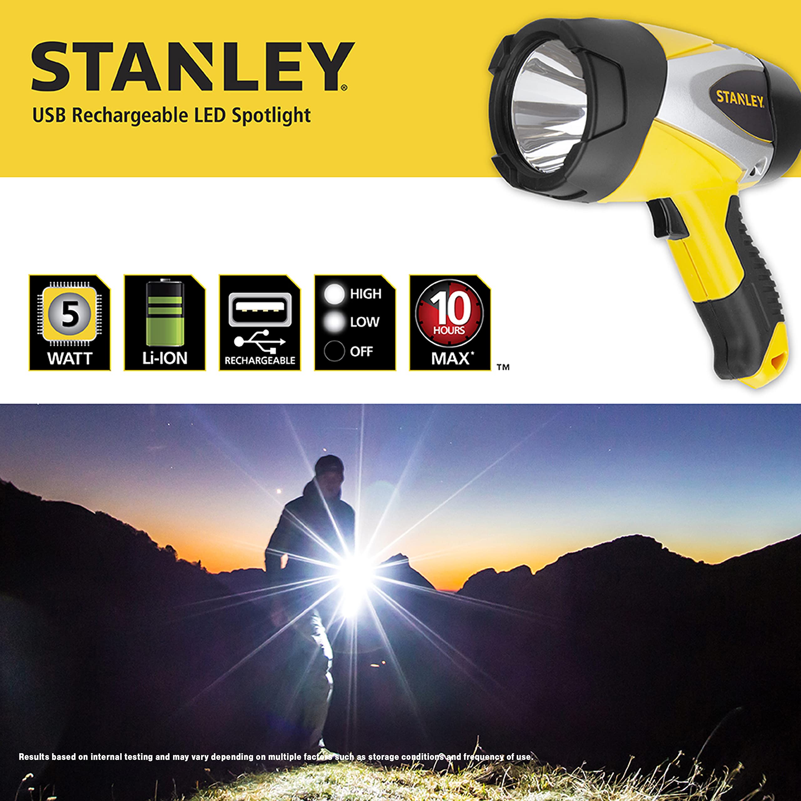 STANLEY Rechargeable LED Spotlight Flashlight 1000 Lumen Yellow Model SL5W09 Plastic