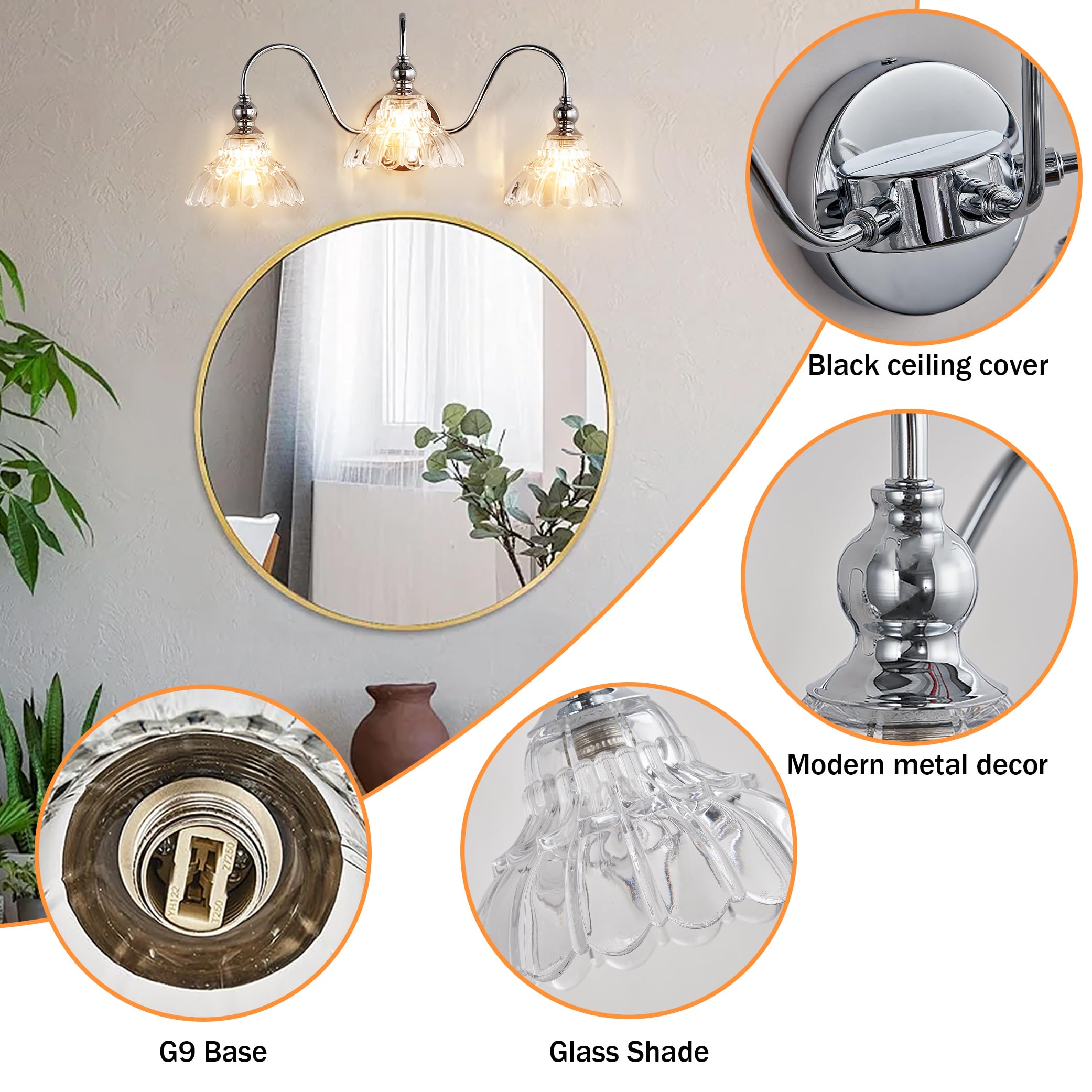 Tlolgt Chrome Bathroom Vanity Lights Modern Crystal Vanity Lighting Fixtures 3-Lights Bathroom Lights For Bathroom Bedroom Kitchen Living Room Dining Room
