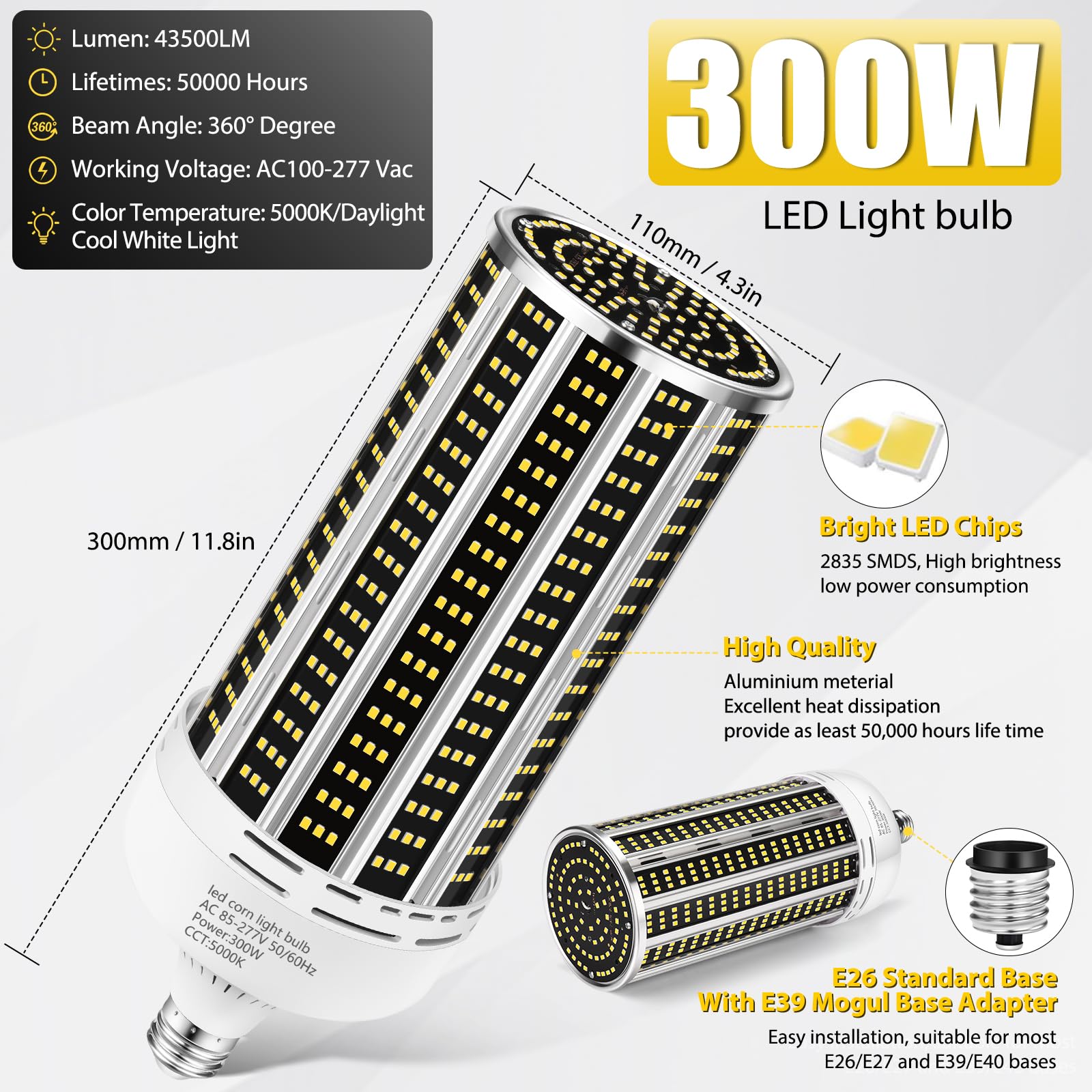 Yanycn 300W 2 Pack Led Corn Light Bulb,3000W Equivalent Commercial Grade 43500Lm Daylight 5000K E26/E39 Medium Mogul Base Led La