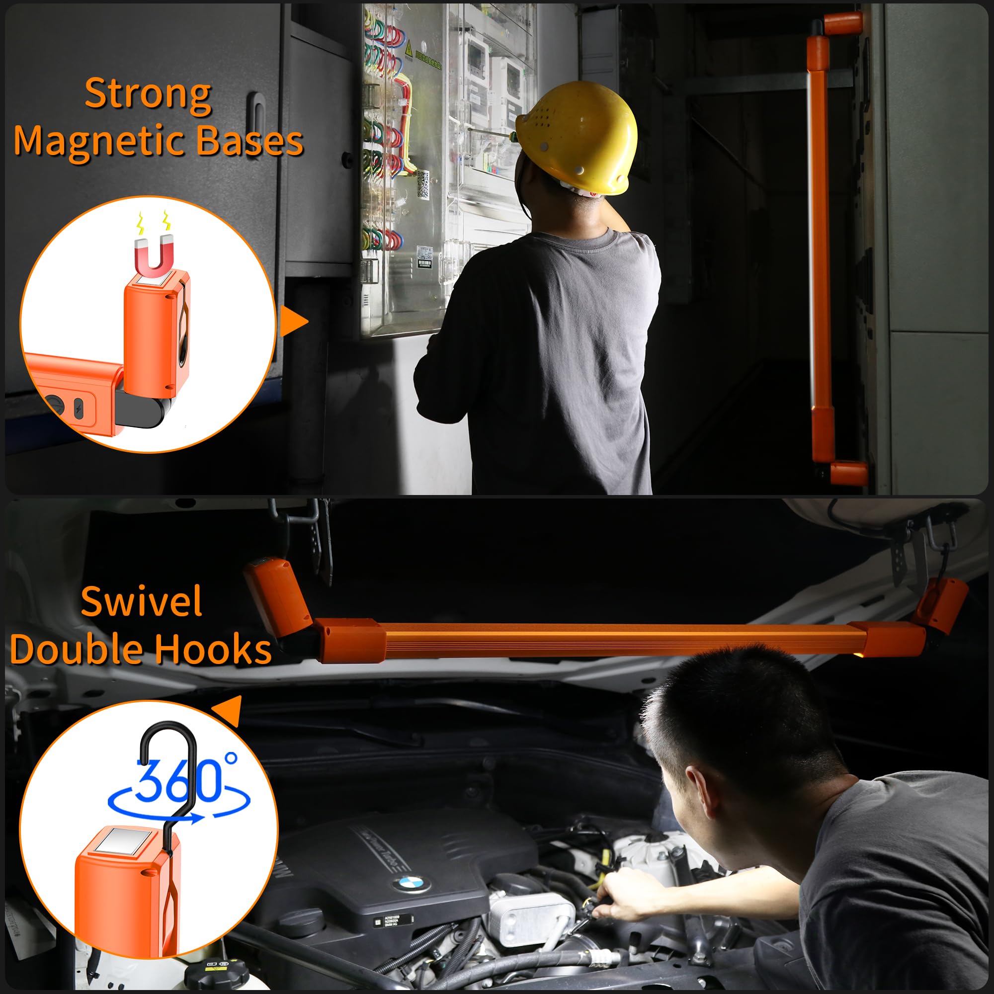 Aluminum Panel 37.4Inch Long Rechargeable Underhood Work Light, 6400Mah Led Work Light Bar With Magnetic And Hooks, Cordless 3000Lm Bright Work Light For Car Repairing Emergency Garage Workshop
