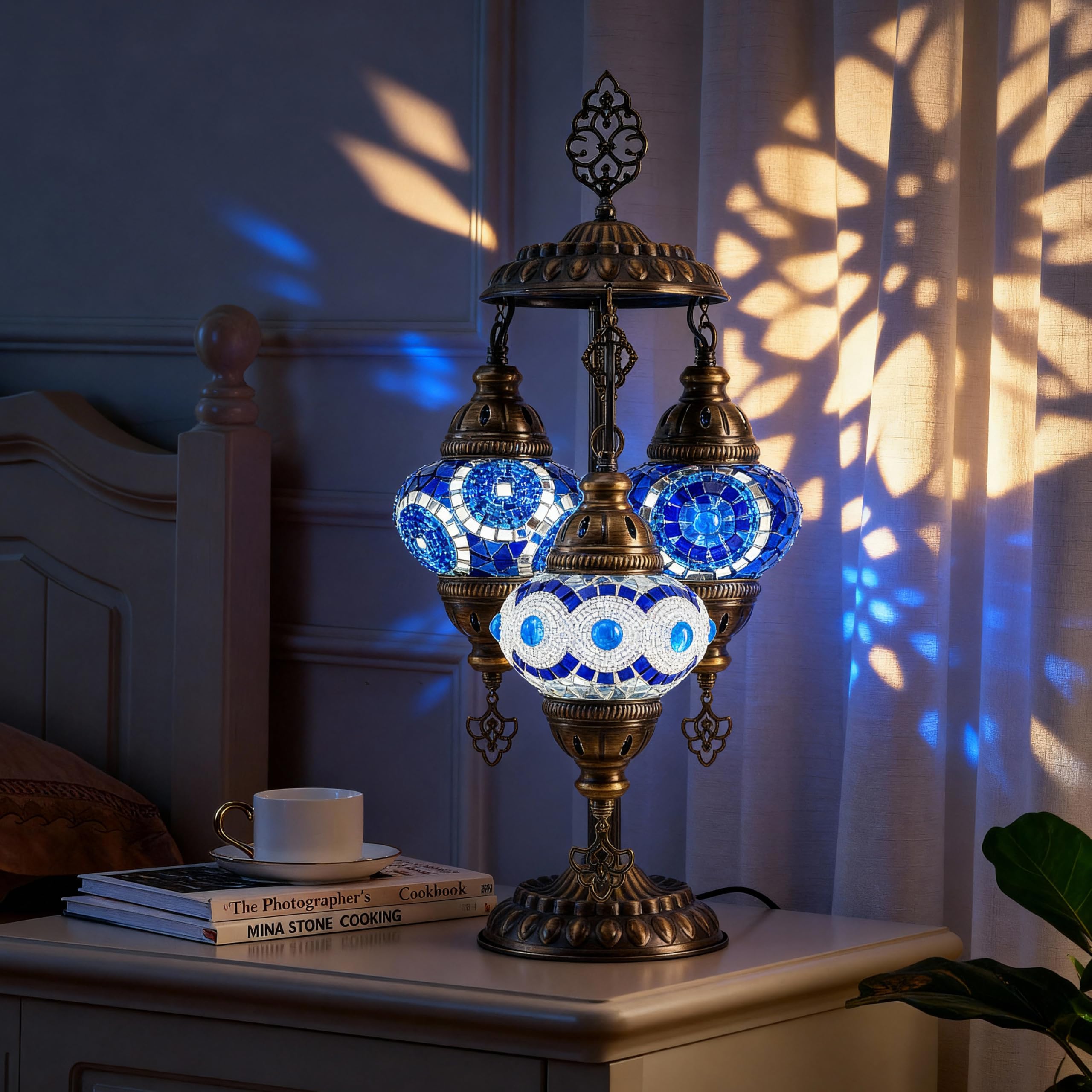 Mozaist Turkish Mosaic Lamp with Bulb - 3 Light Moroccan Table Lamp (Blue & White)