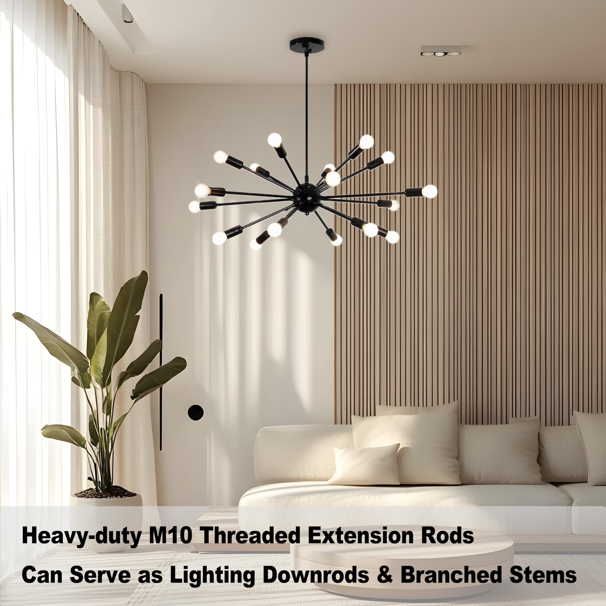 MAYOMAJO 8-Piece M10 Threaded Extension Poles Kit for Pendant Lights, Black, Model EXD-4+4, Includes Sloped Ceiling Adapter
