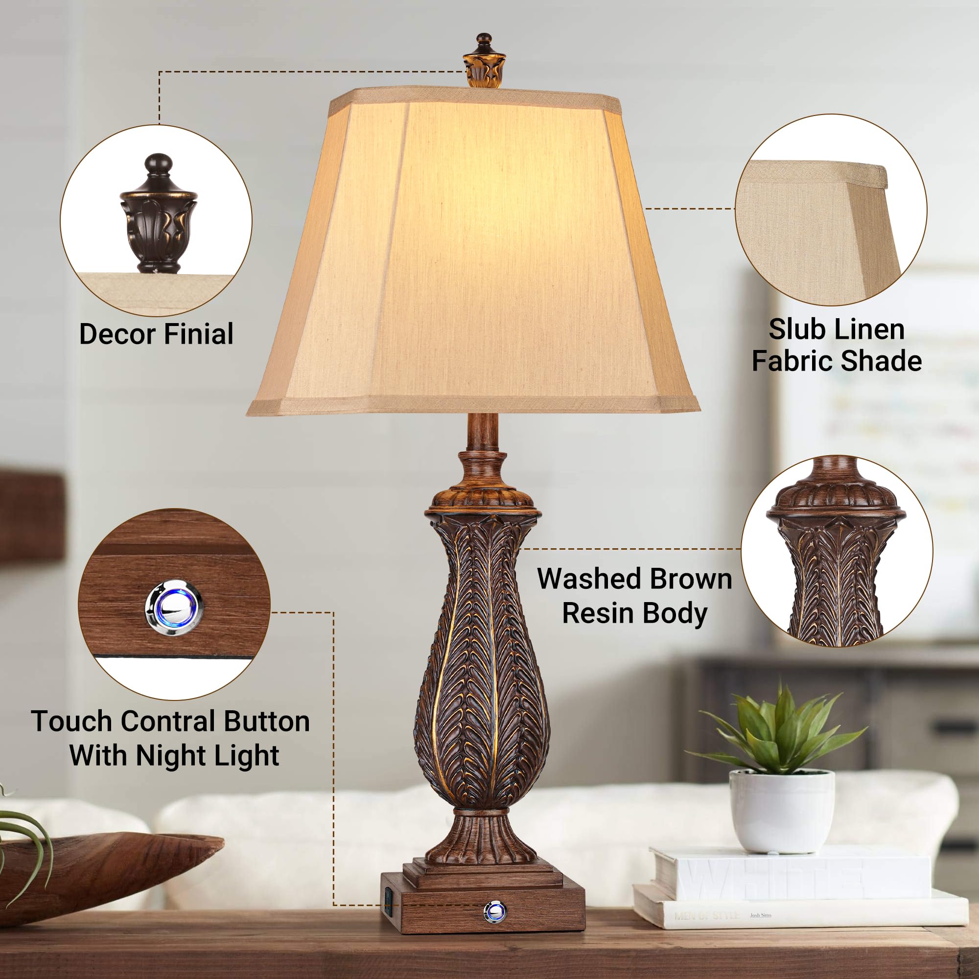 Wihtu 3-Way Dimmable Touch Table Lamps Set Of 2, 30&quot; Brown Resin Nightstand Lamp With Usb