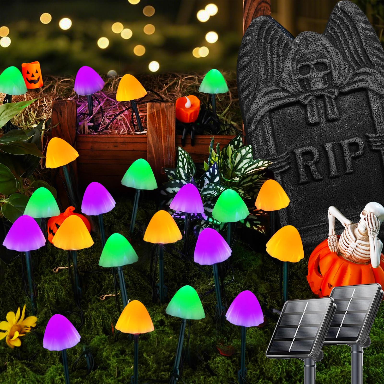 OZS Solar Mushroom String Lights, 2 Pack, 55FT, 32 LED, 8 Lighting Modes, Halloween Colors: Orange, Purple & Green
