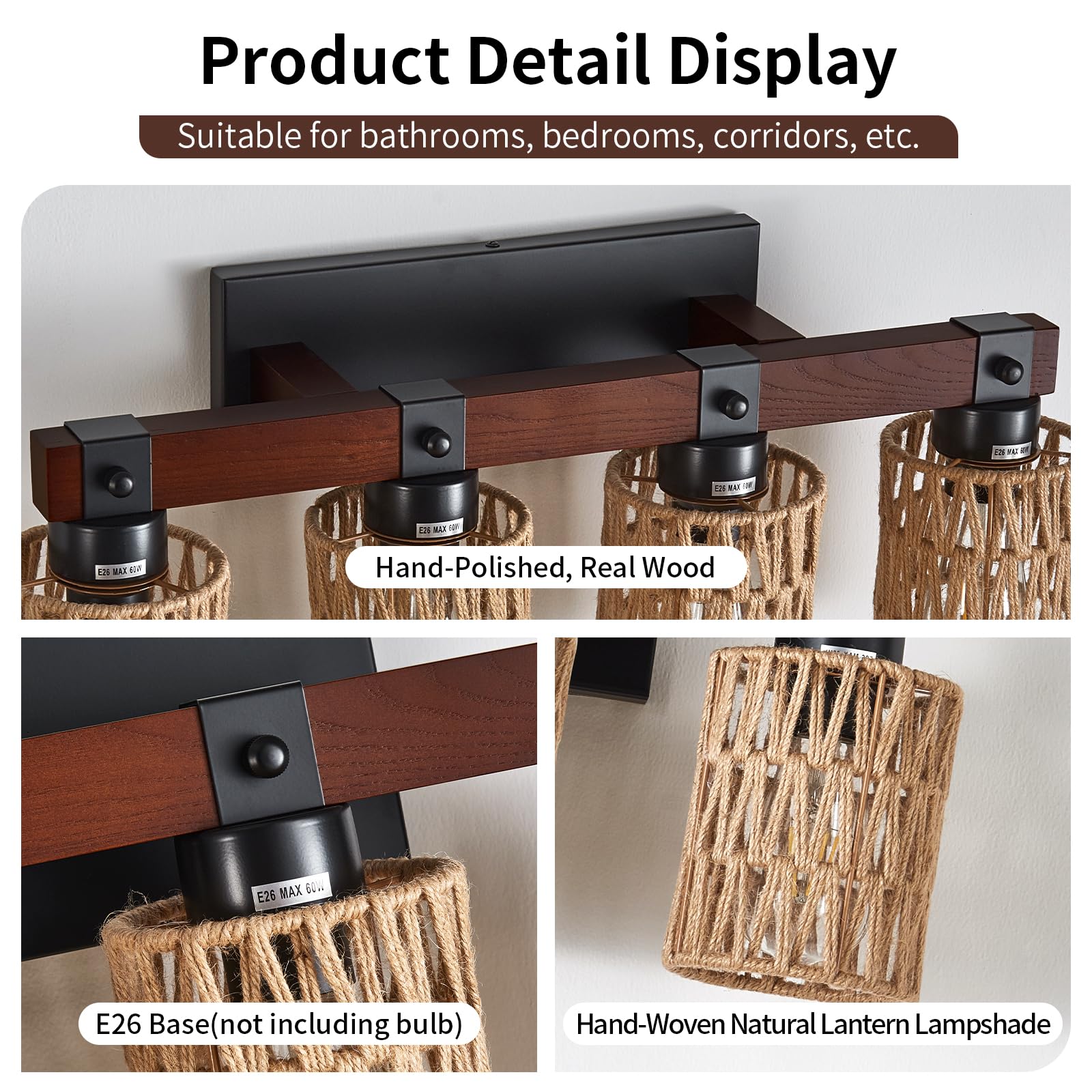 Aixialin 4-Light Rustic Wood Bathroom Vanity Light Fixture, Handmade Bamboo Woven Shade, Brown, Model 600-100-1095