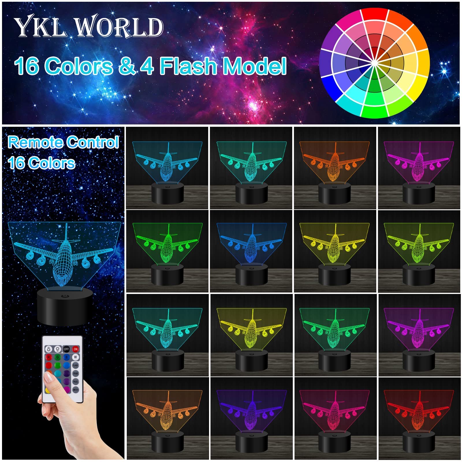 YKLWORLD Airplane Night Light - 3D Illusion Lamp, 16 Color Changing, USB/Battery Powered, Touch Control, Remote - Perfect Gift for Kids