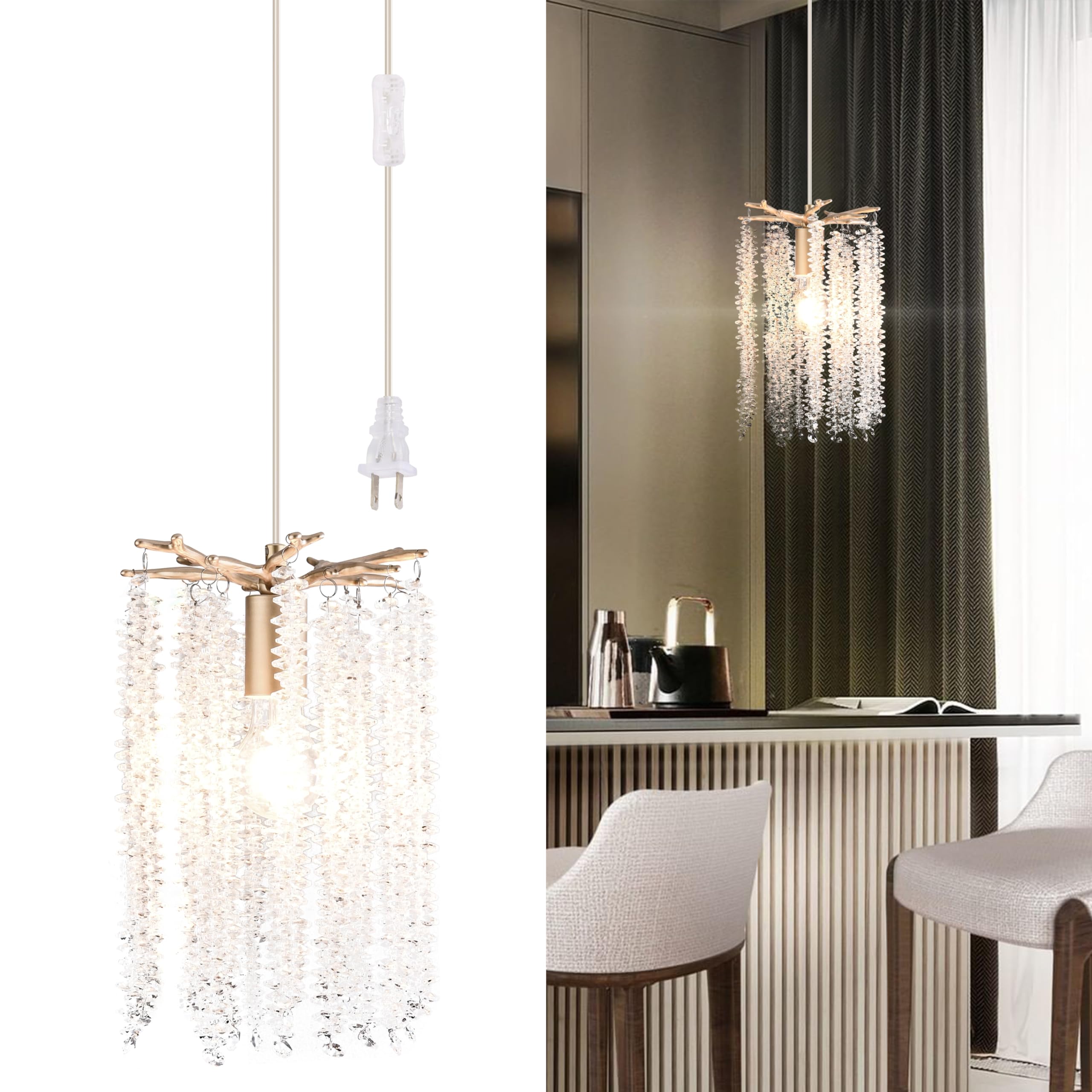 Plug In Crystal Chandelier With 15Ft Cord Modern Pendant Light For Bedroom Mini Antler Hanging Lamp For Kitchen Island Dinning B