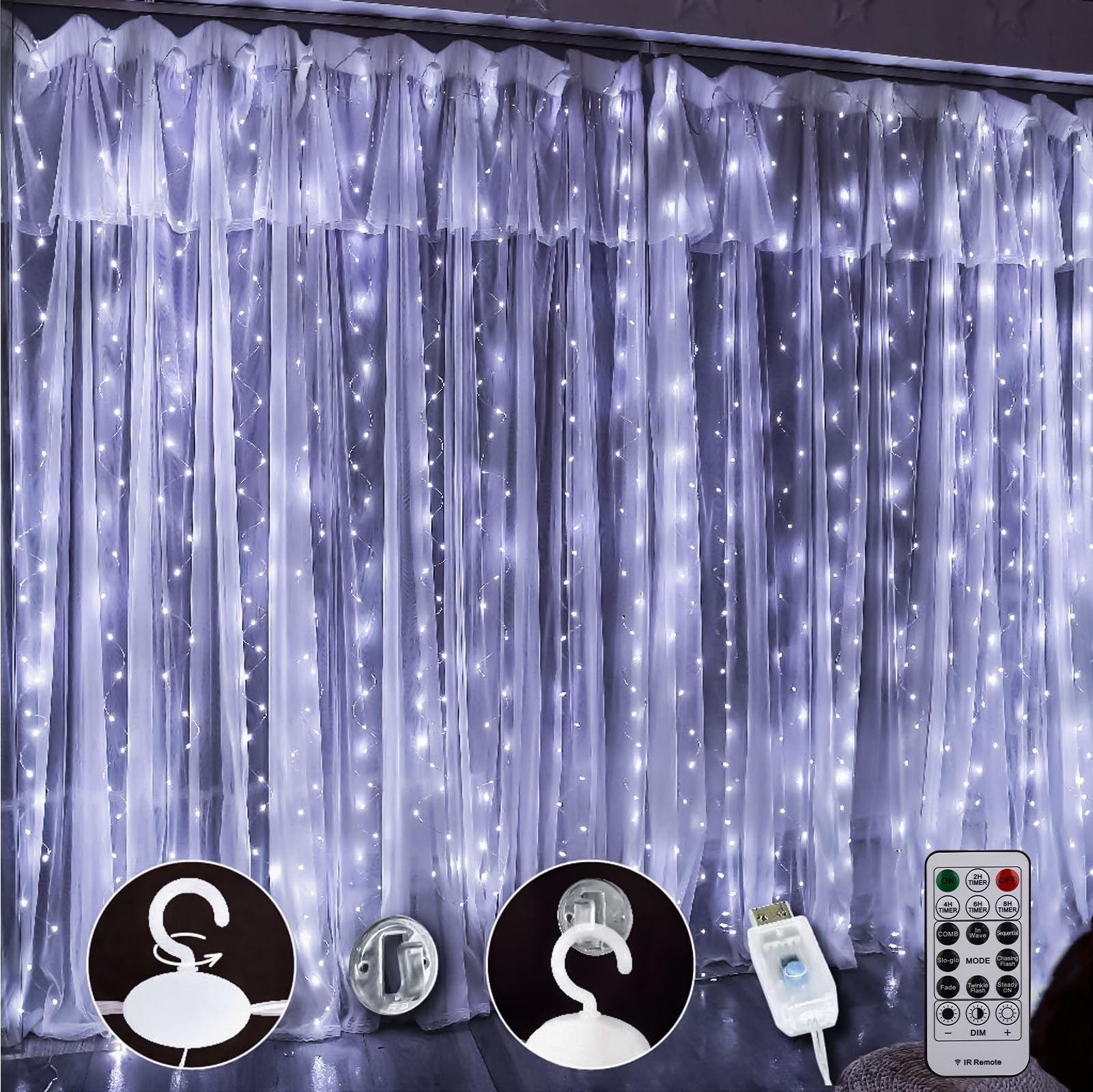 Sinamer Upgrade 300 Led Curtain Light, 9.8Ft X 9.8Ft Copper Wire String Lights, Usb Powered Hanging Window Fairy Lights, 8 Lighting Modes, Remote Control For Home Christmas Wedding Party, White