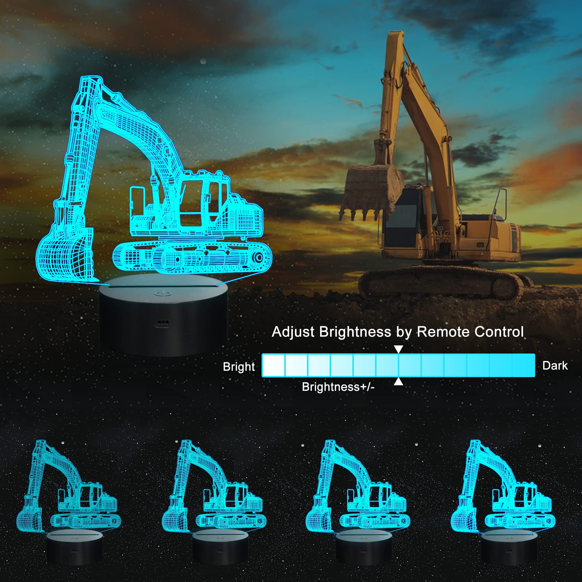 nite  nite Excavator 3D LED Lamp, Remote Control, Multicolor, Model FS-xxxyyy