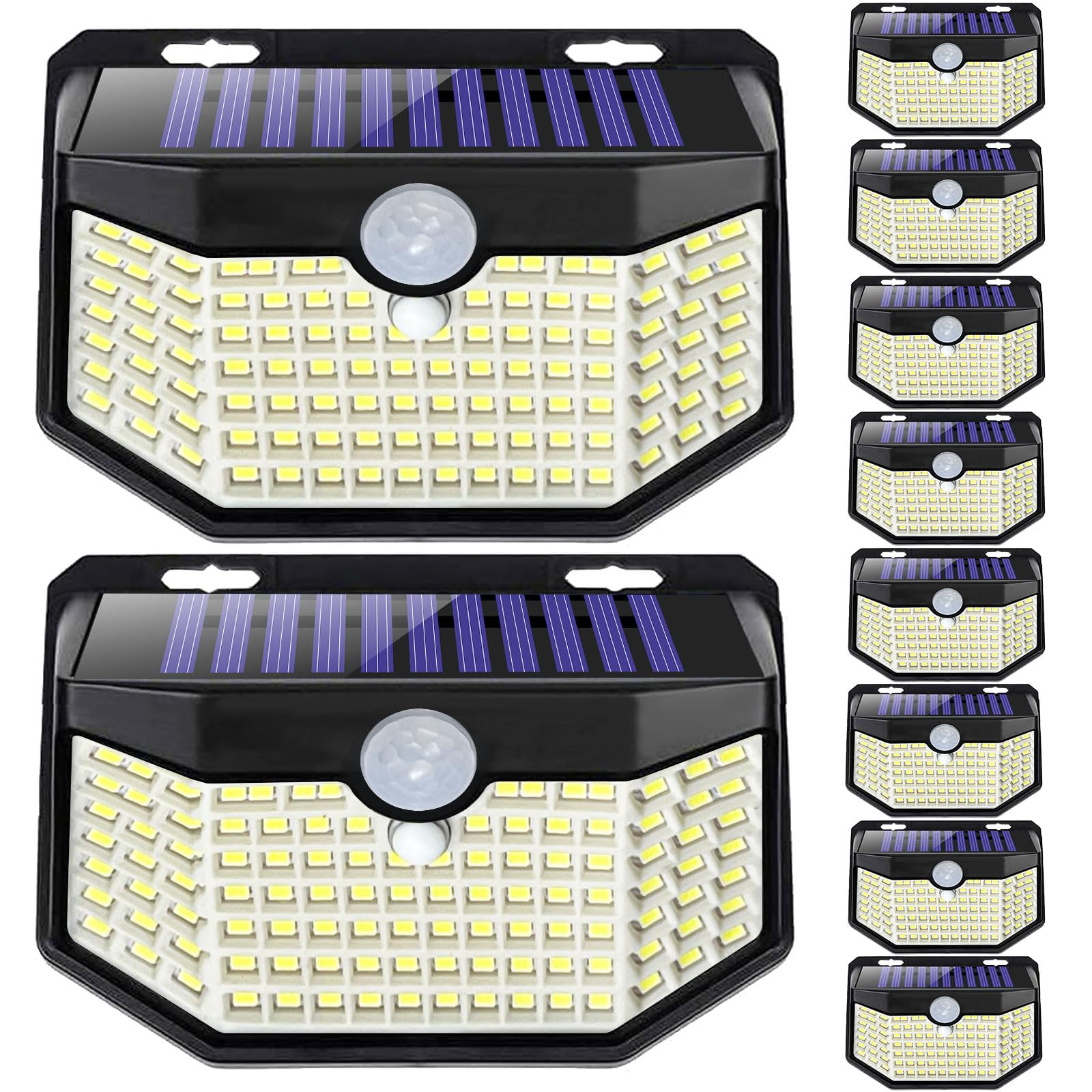 Hmcity Outdoor Solar Lights 120 Led With Motion Sensor And 3 Lighting Modes  Ip65 Waterproof  130  Wide Solar Wall Lights Powered For Garden Patio Yard(Front Button 10Packs  Daylight White)