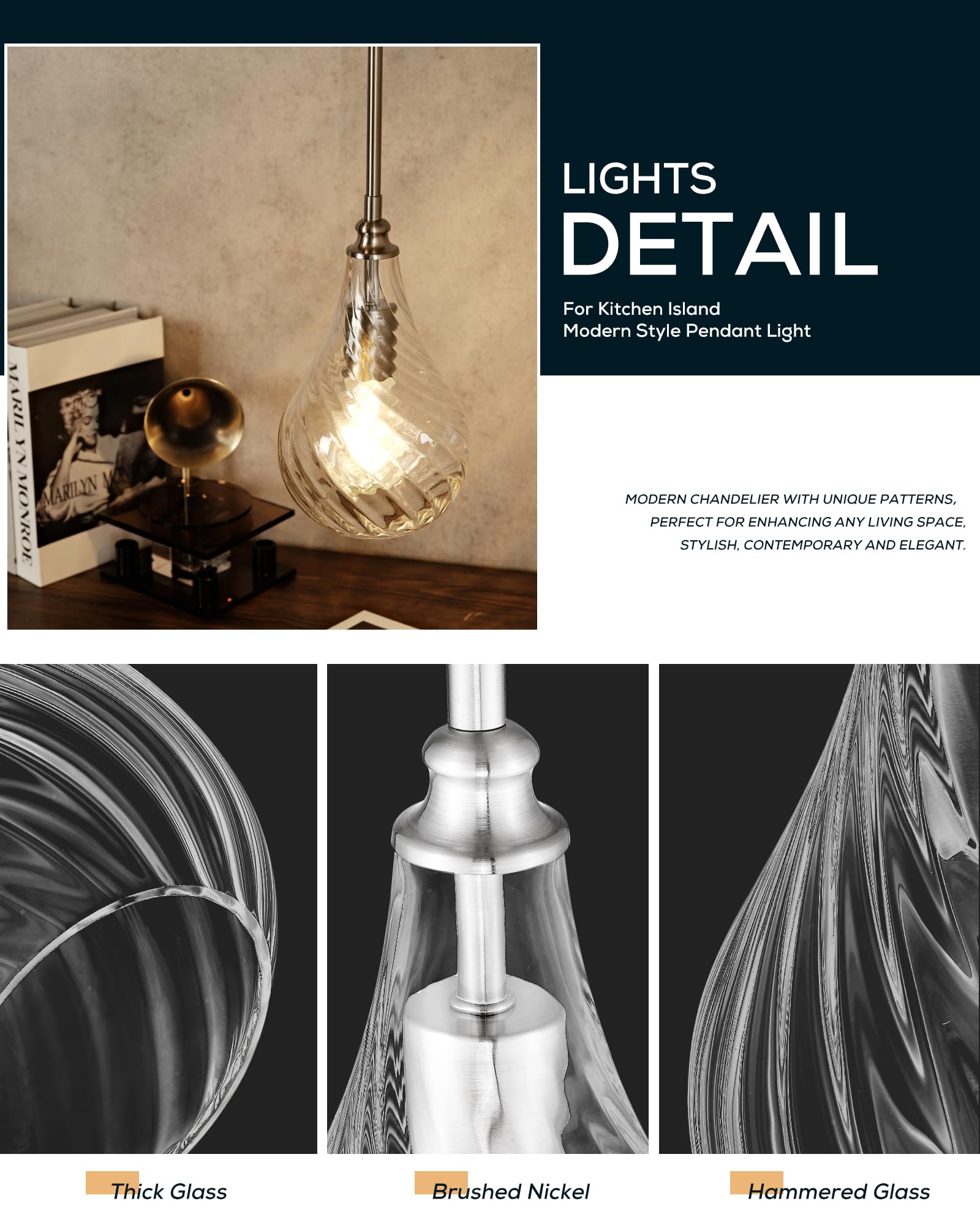 Tengxin 2 Pack Pendant Lights Kitchen Island,Brushed Nickel Finished Striped Glass Hanging Pendant Light,Farmhouse Pendant Light