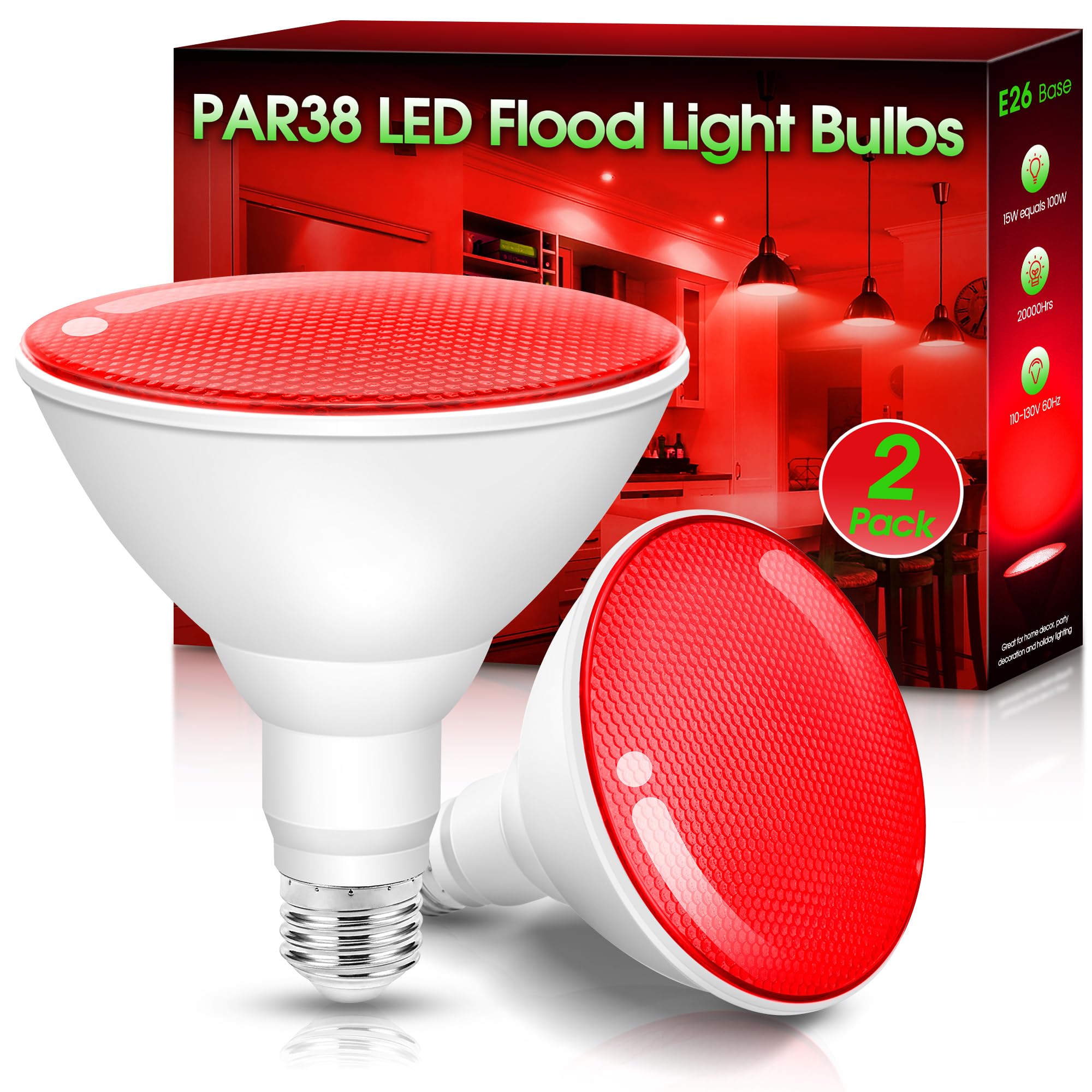 Red Flood Light Bulbs?2 Pack?  Par38 15W(100W Equivalent) E26 Led Red Lights Bulb Outdoor Not-Dimmable  Colored Light Bulb For Valentines Day Decor  Porch Home Lighting