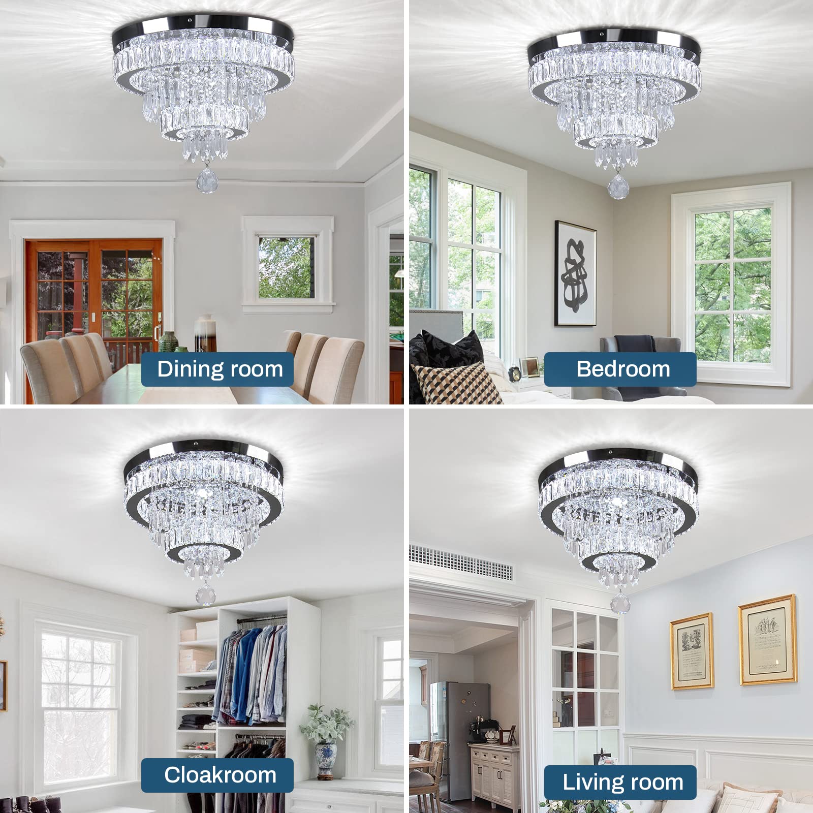 Cainjiazh 16" Crystal Chandelier LED Ceiling Light Fixture, Modern Flush Mount, Stainless Steel, White, Model 2040XD-WHITE