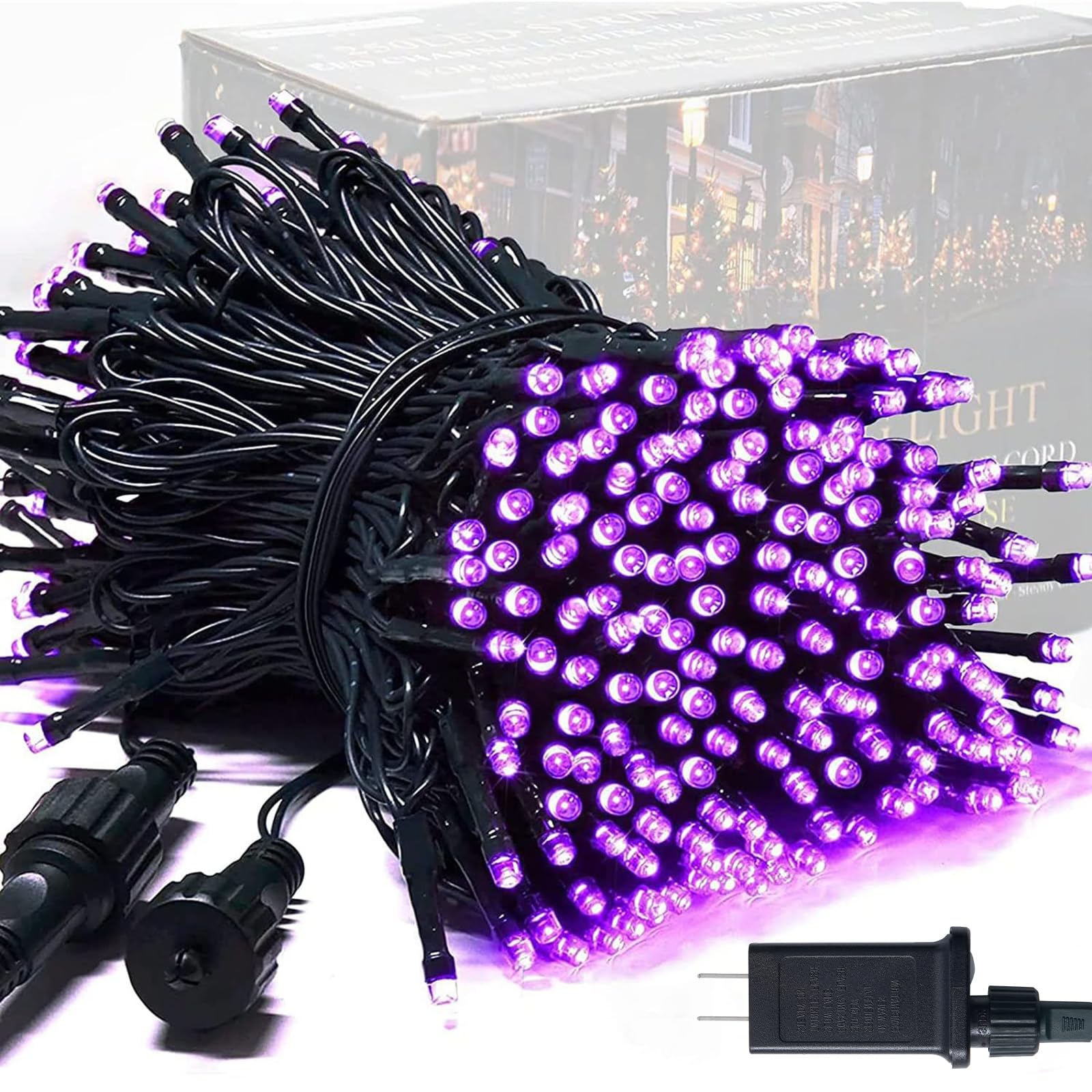 JMEXSUSS Christmas String Lights, 250 LED, 91.5ft, Purple, Waterproof, 8 Lighting Modes, Connectable for Outdoor Decorations
