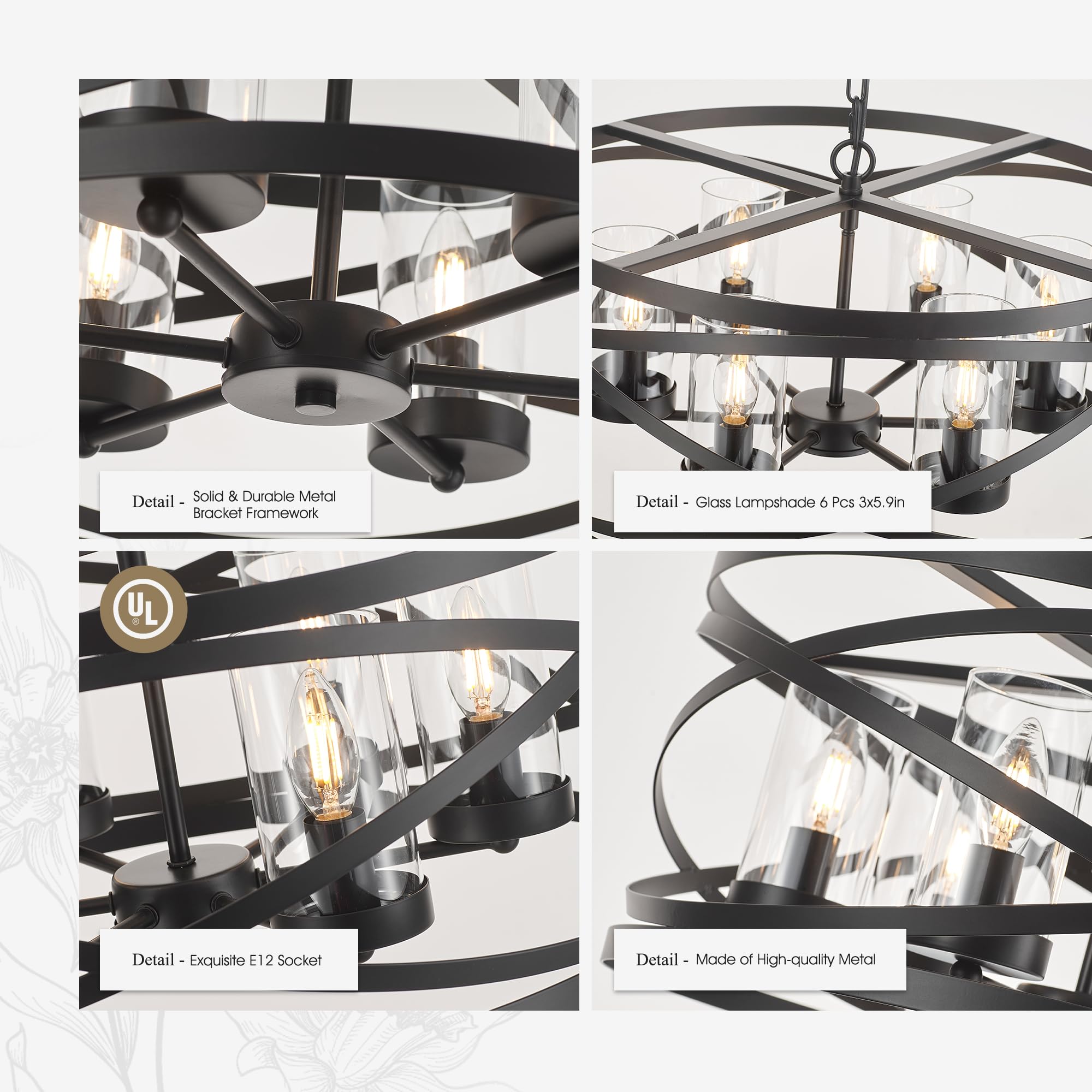 Faibra 6-Light Farmhouse Drum Pendant Light,21.65'' Nature Wood Texture Vintage Rustic Chandeliers Black Metal Industrial Glass