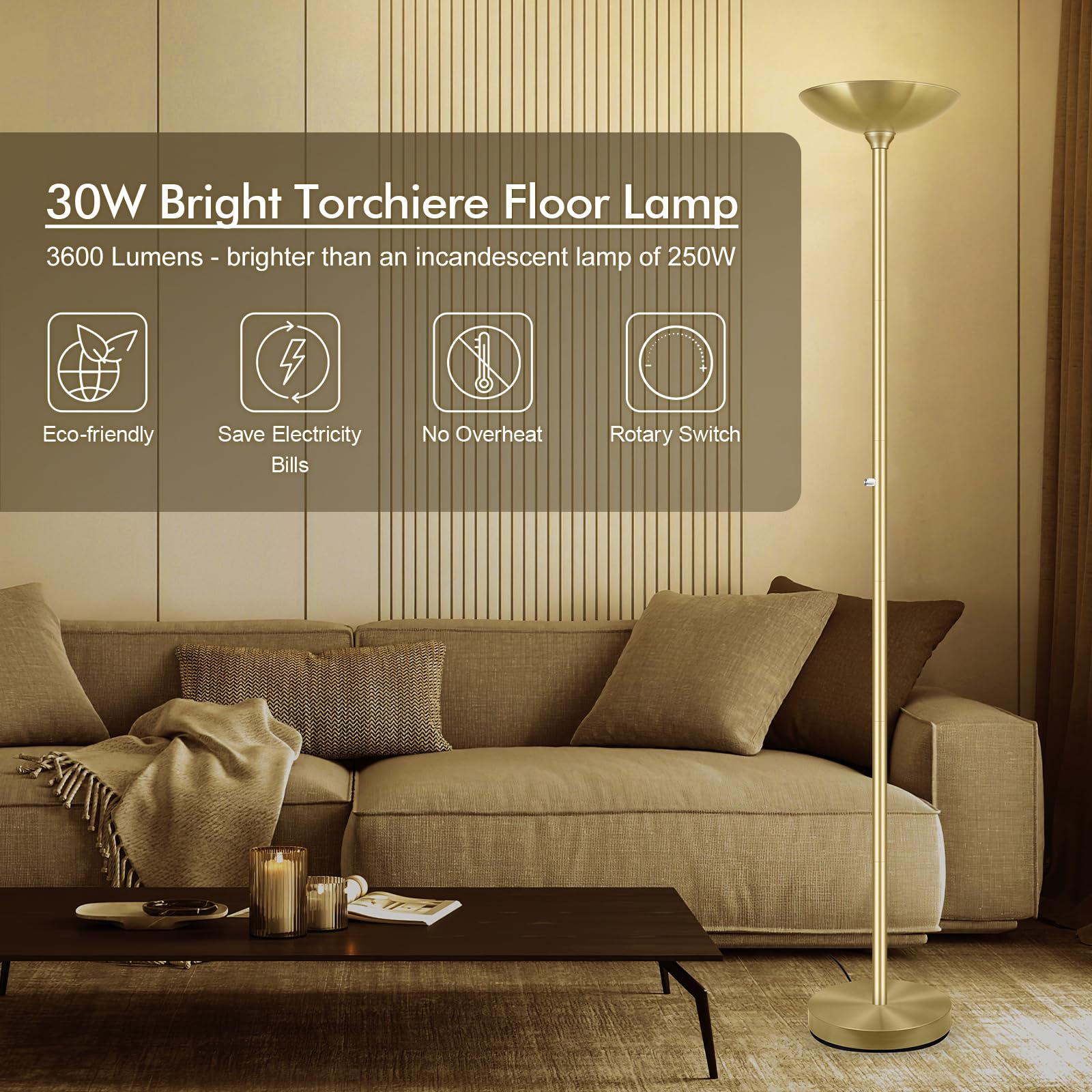 30W Torchiere Floor Lamp Gold, 3600Lm Bright Stepless Dimmable Floor Lamp, 71 Inch Led Standing Lamp 3000K, Rotary Switch, I Inc