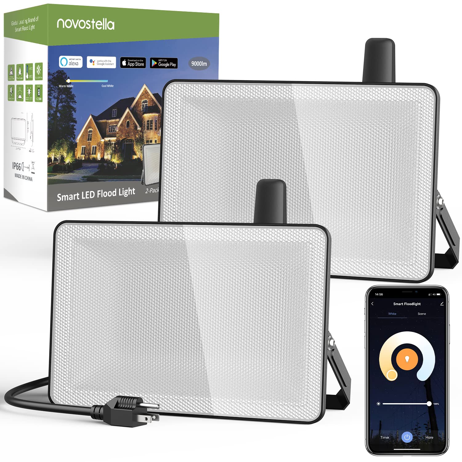 NOVOSTELLA 2 Pack 100W Smart LED Flood Light, Total 18000LM Super Bright Flood Light Outdoor IP66 Waterproof, Tunable White 2700