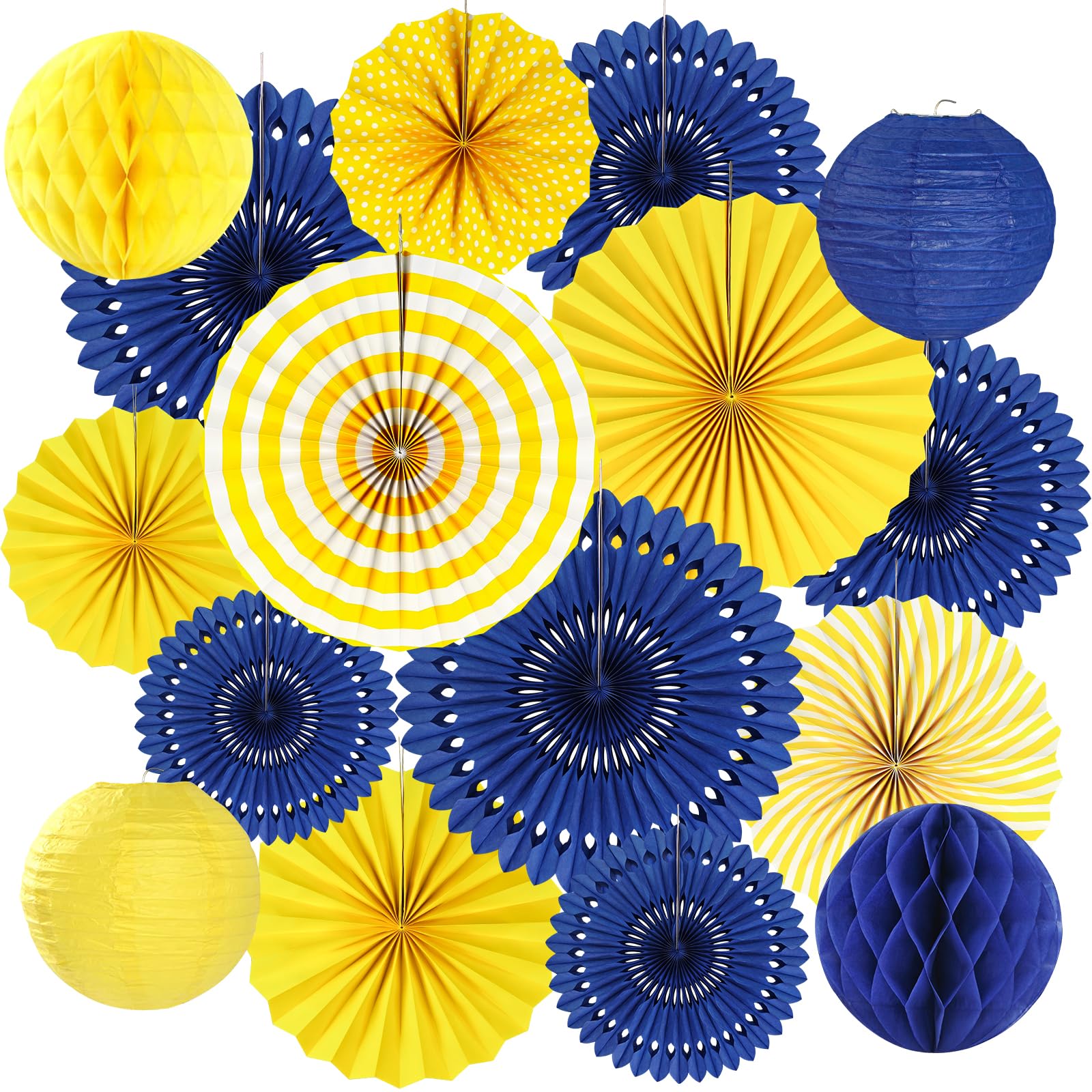 Peywot 16Pcs Hanging Honeycomb Paper Fans & Lanterns, Blue and Yellow, Graduation/Birthday/Wedding Decor