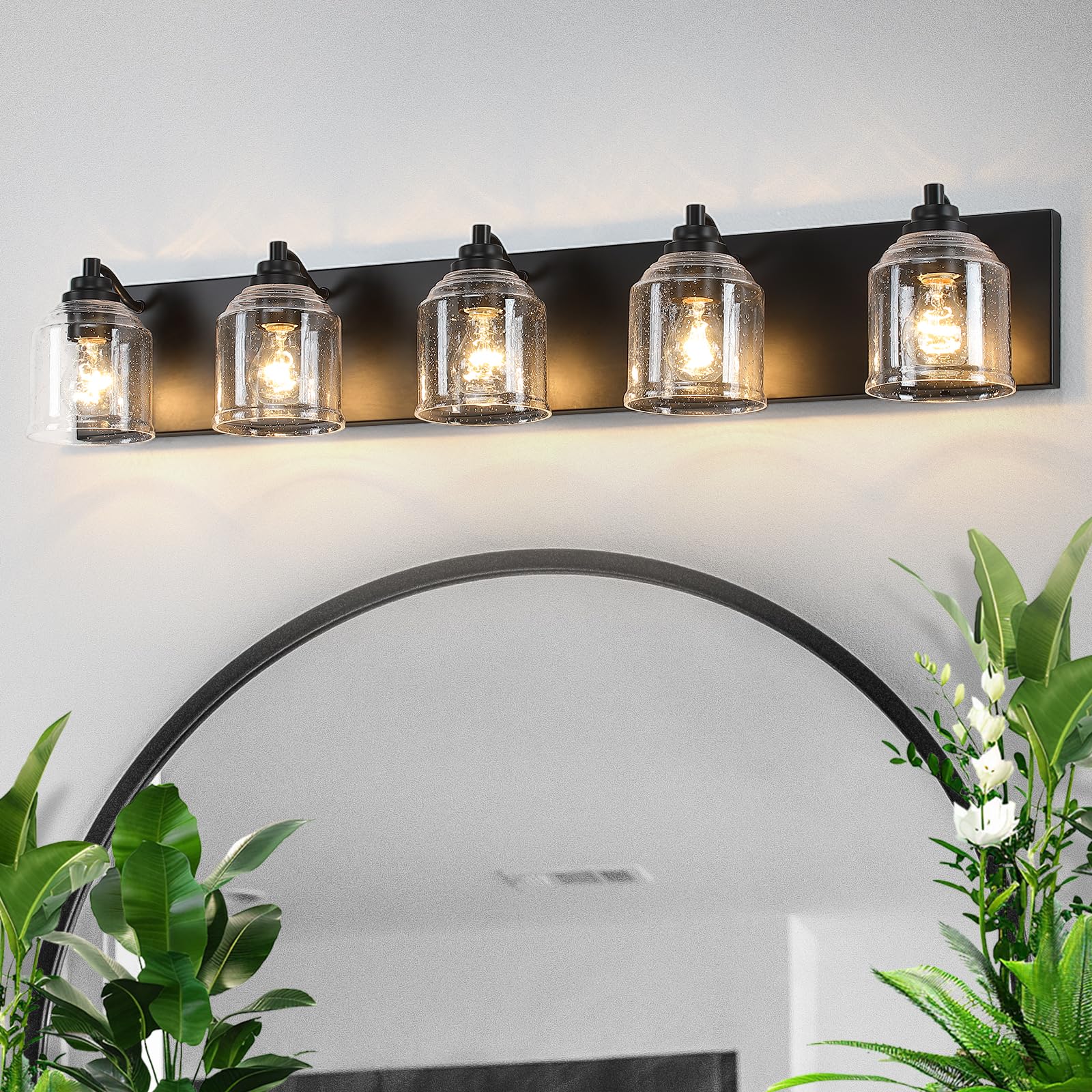 YKLITG Vanity Light 5-Light Black Metal Farmhouse Rustic 40in Bubble Glass Shades BD005 S