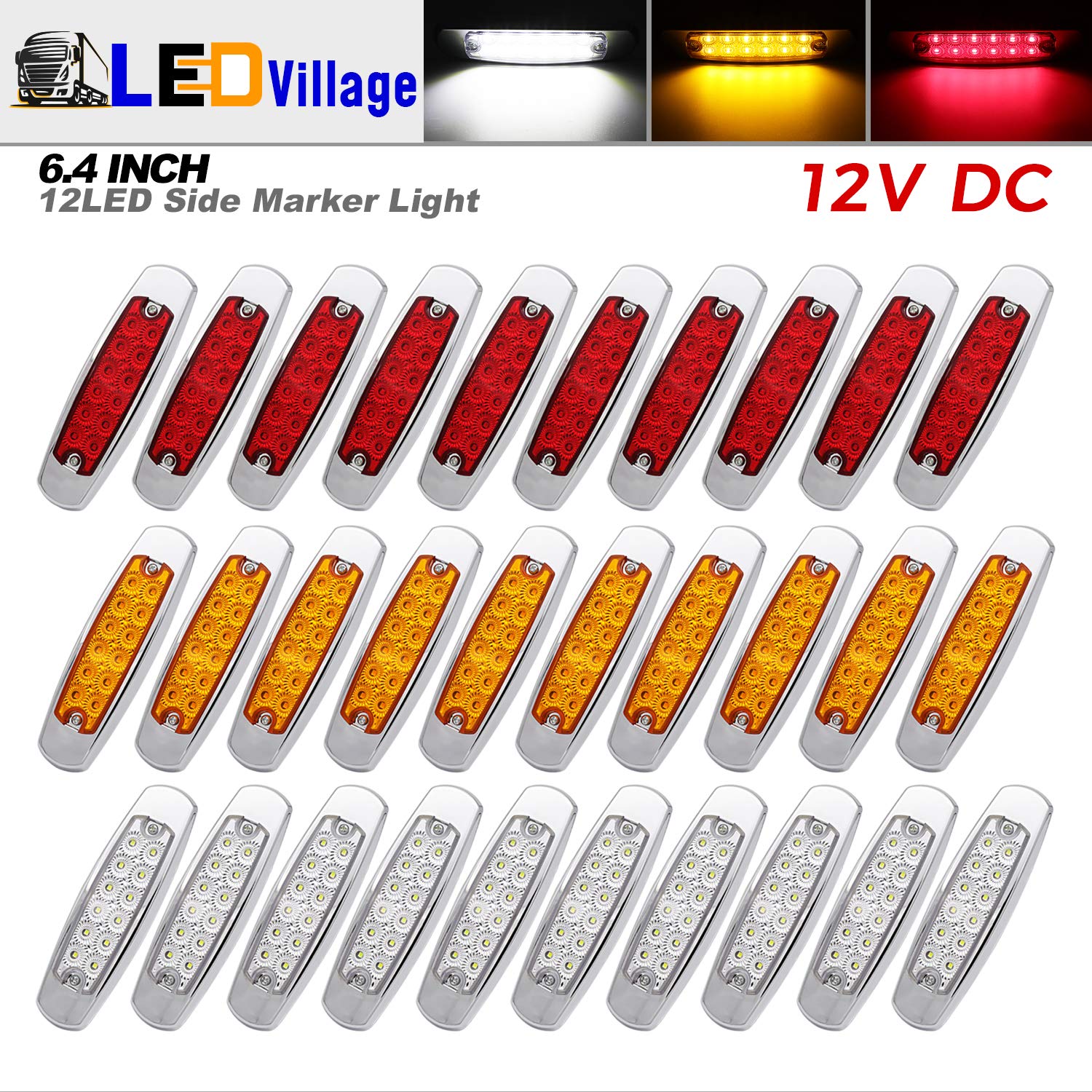 Ledvillage 30 Pcs 12V Dc 6.4 Inch 10 Amber 10 Red 10 White 12 Led Side Marker Lights Trailer Truck Suv Chrome Bezel