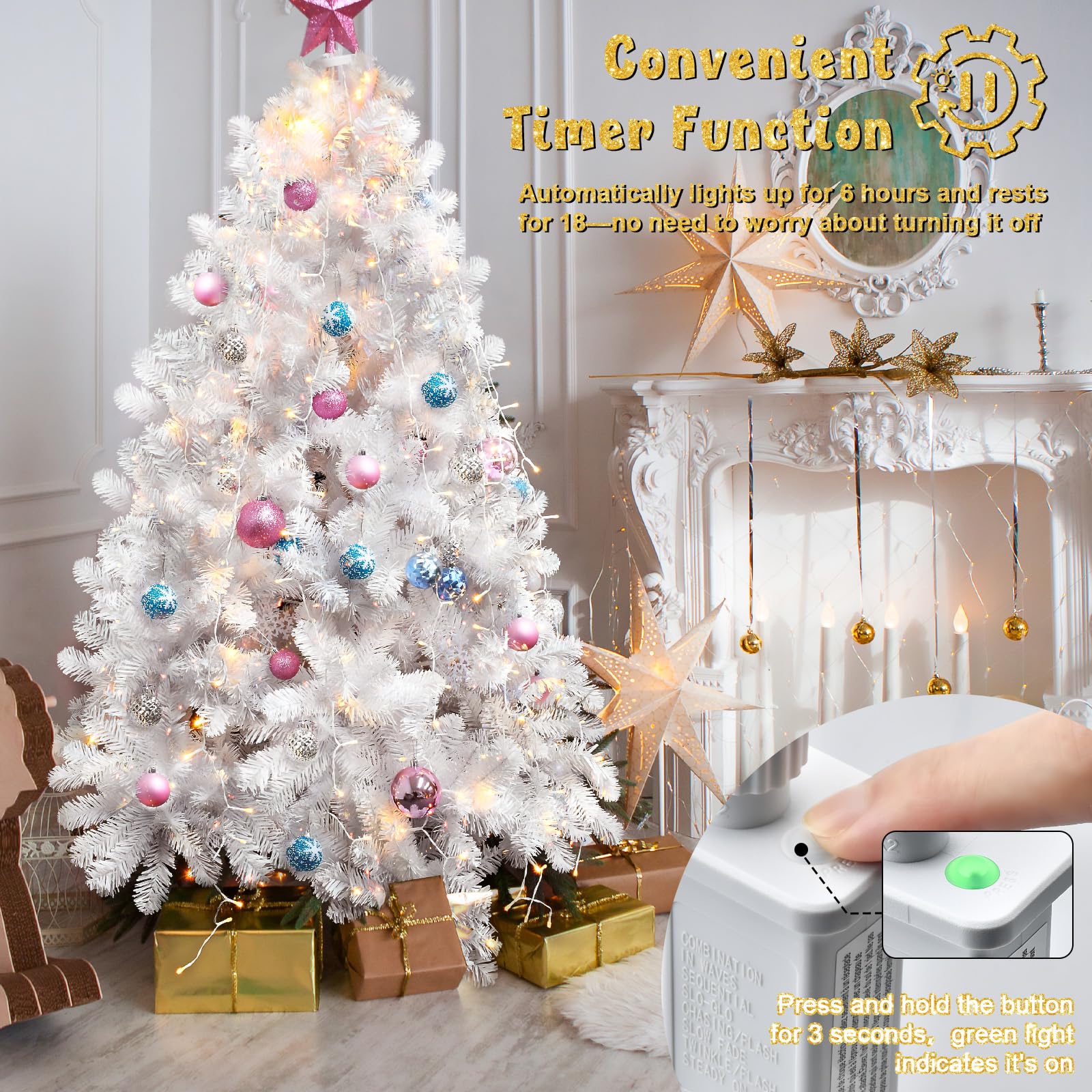 BOLWEO 400LED Christmas Tree Lights, 8 Modes, 16 Lines, Warm White, 6ft-7ft, UL Certified, Indoor/Outdoor Decorations