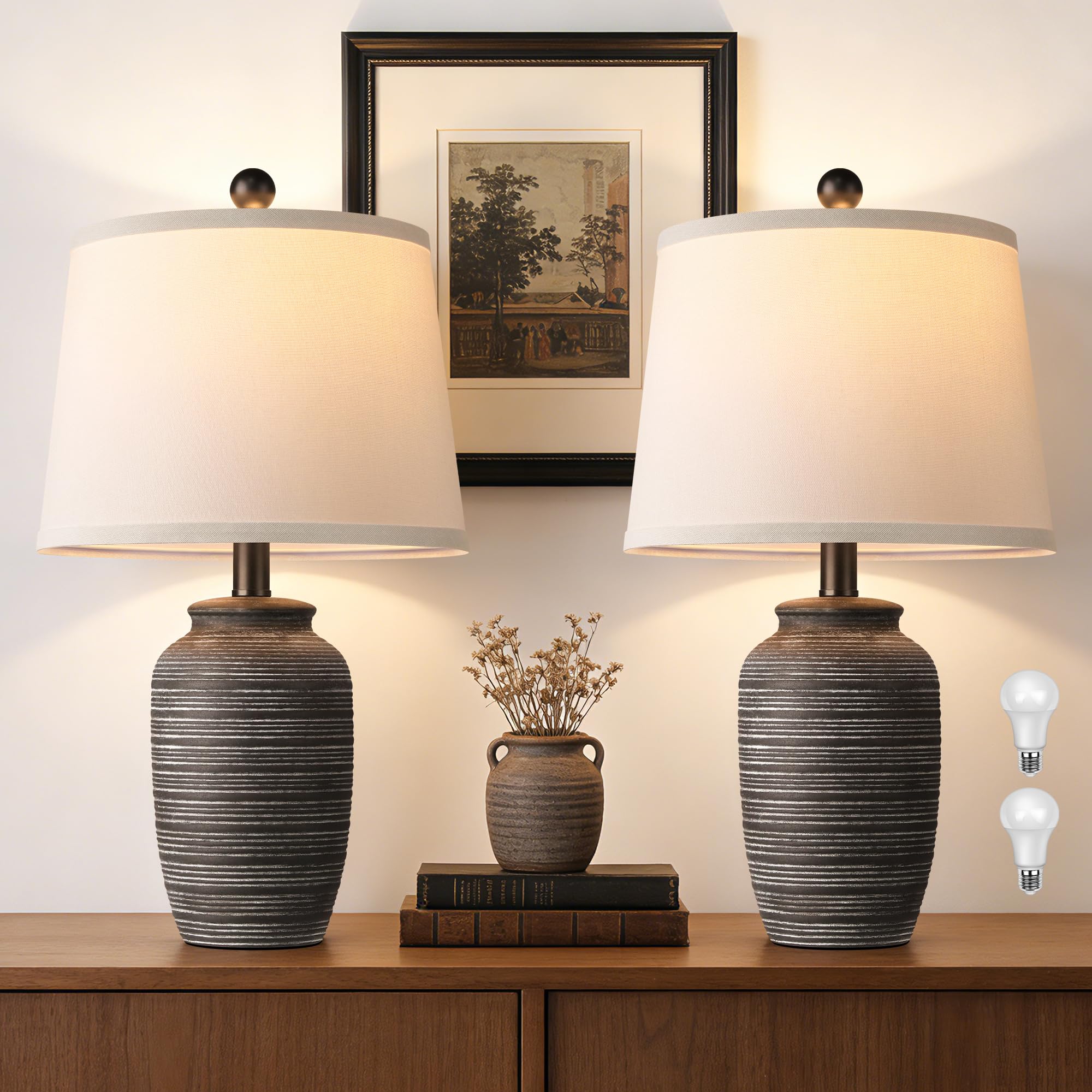 QiMH Farmhouse Lamps for Living Room  21 Bedside Lamps Set of 2 with Linen Lampshade  Rustic Ceramic Table Lamp for Bedroom  End Table  Nightstand  Dining  Office  Home Decor  Black(Bulb Included)