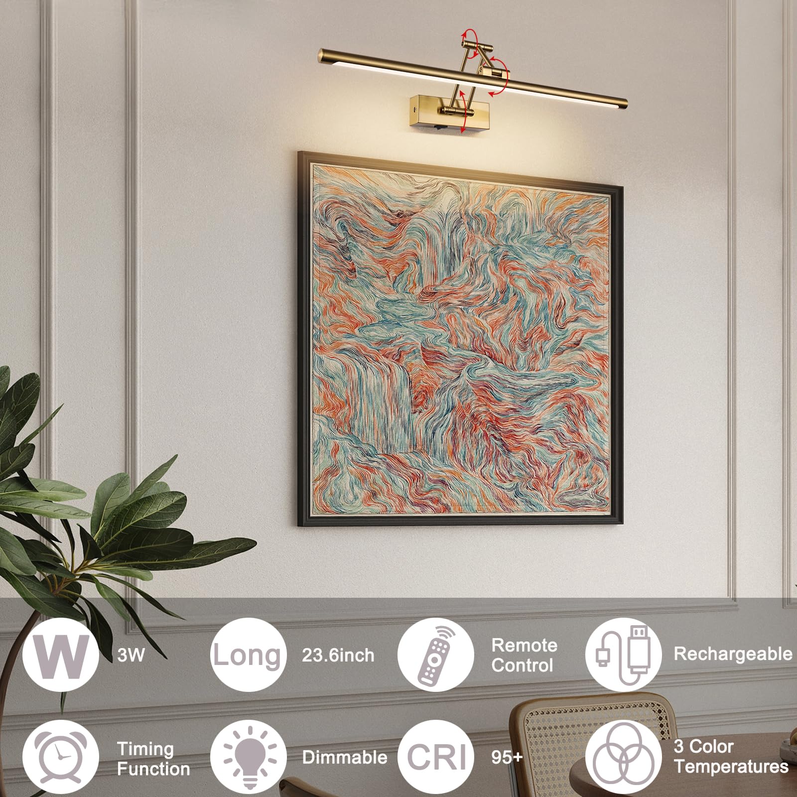 Yumcrelect Picture Light Battery Operated With Remote Led Dimmable Picture Light For discomfort-reducingtings  Brass Rechargeable 24 Inch Battery Operated Wall Sconce For Art Lighting Gallery Portrait Artwork