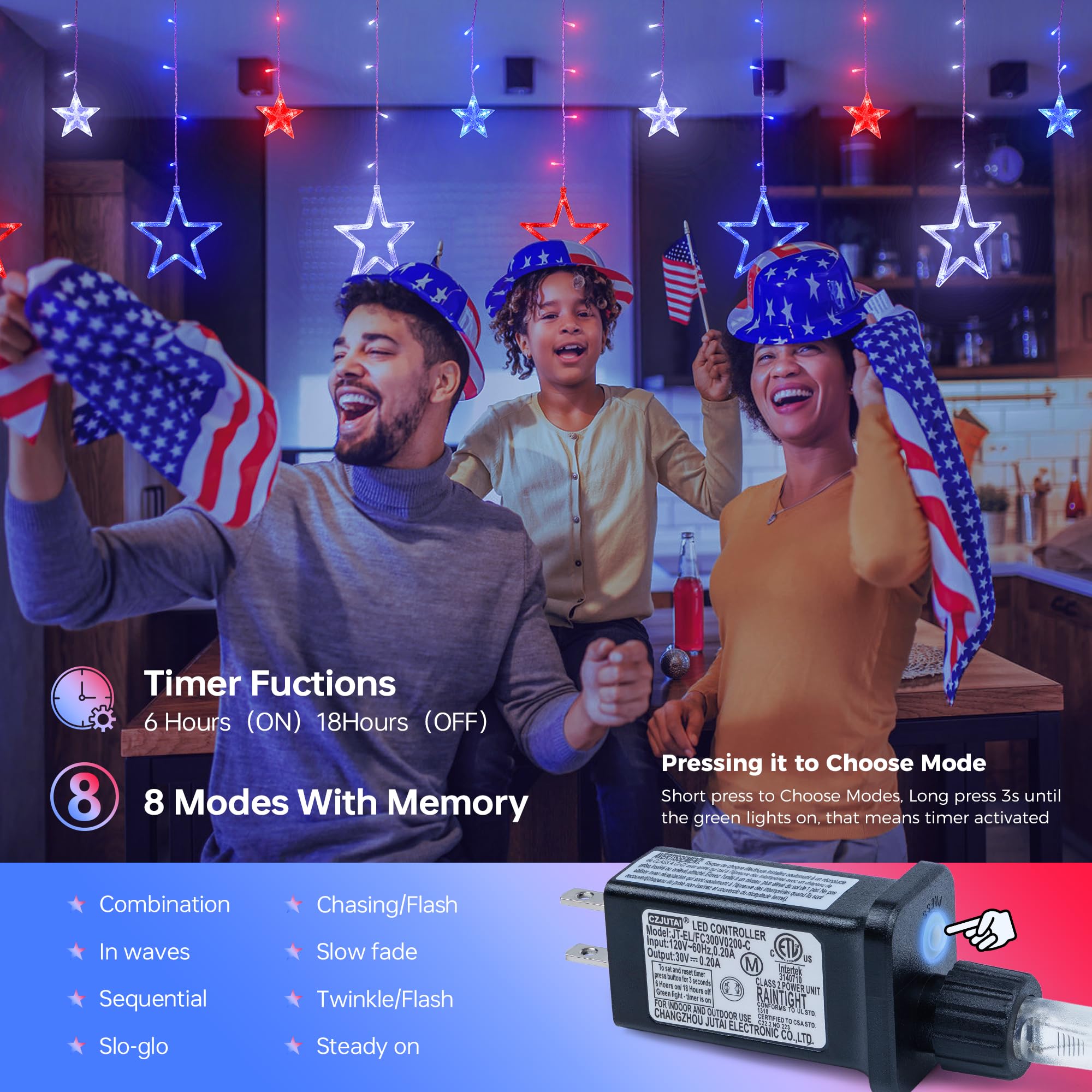 MYGOTO Patriotic Star Icicle Lights, 126LED, 8.2ft, Waterproof, 8 Modes, Red White Blue, Independence Day Decorations