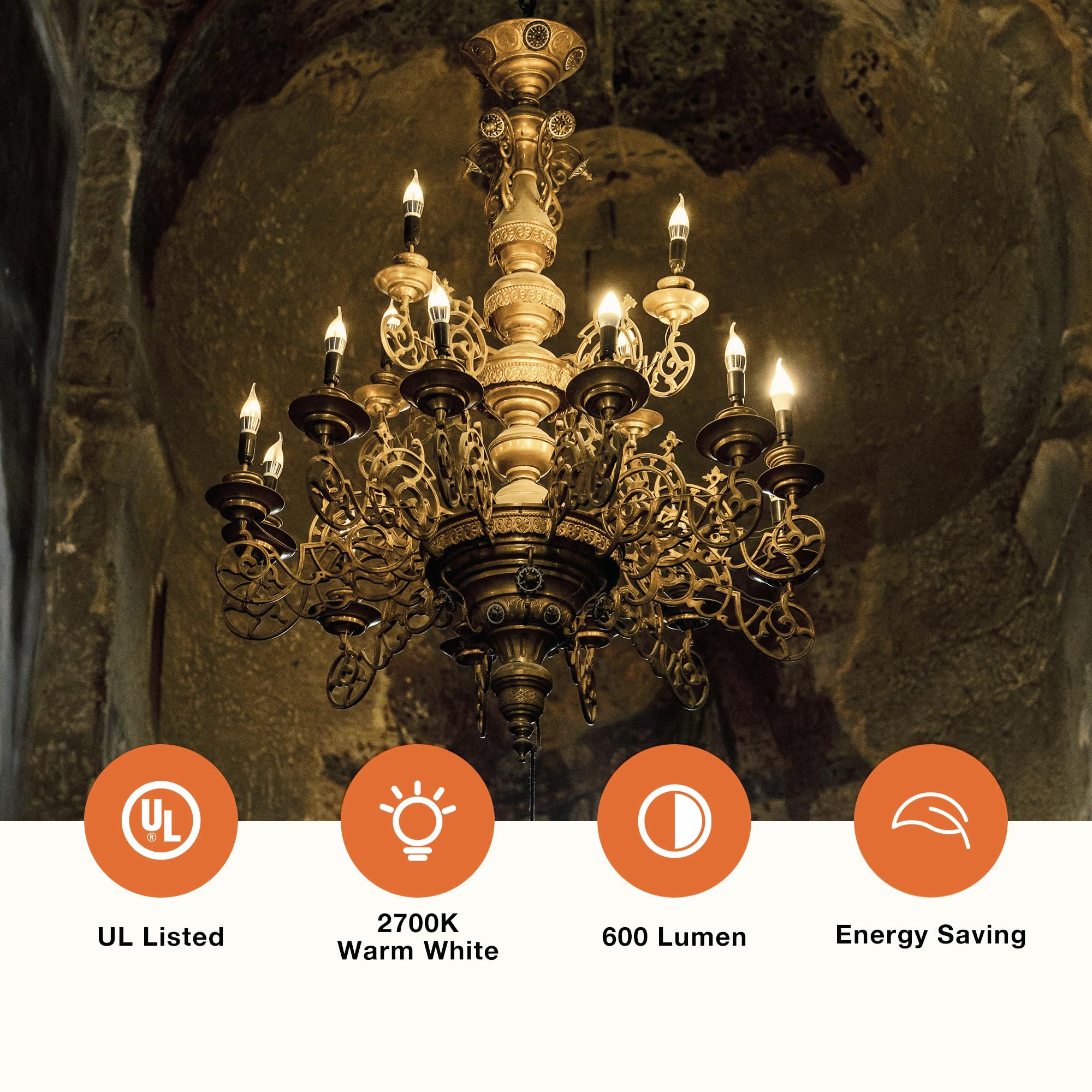 Tjoy Led Candelabra Bulb Dimmable, 60W Equivalent Led Chandelier Light Bulbs, 5.5W 2700K Warm White 600Lm Ca11 Flame Tip Vintage Filament Candle Light With Decorative E12 Candelabra Base, 24 Pack