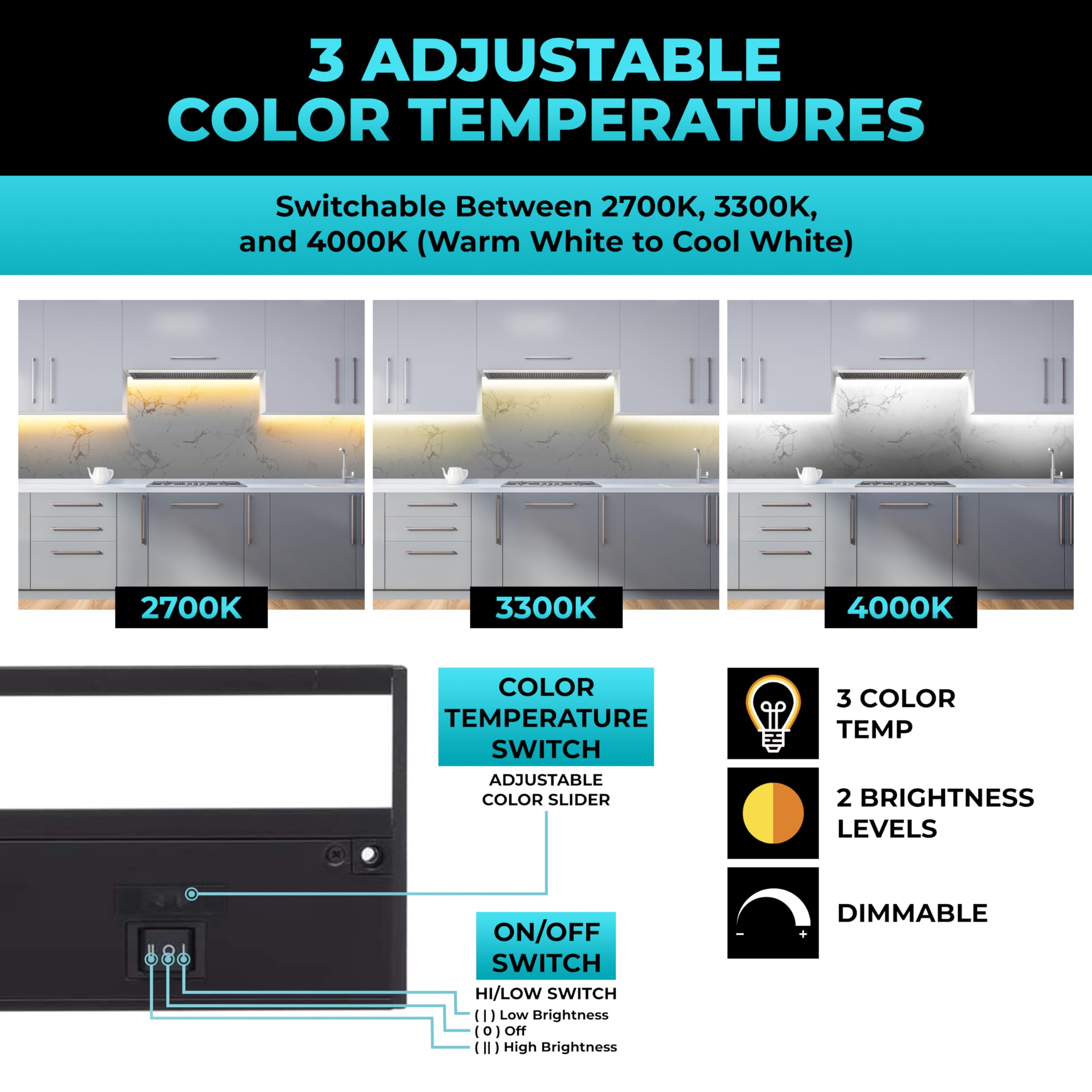 Led Under Cabinet Lighting Hardwired - 3Cct 40 Inch Black Finish - Undercabinet Lights For Kitchen - Linkable Undercounter Dimmable Plug In Light Or Hard Wired - Under Counter Fixture Direct Wire
