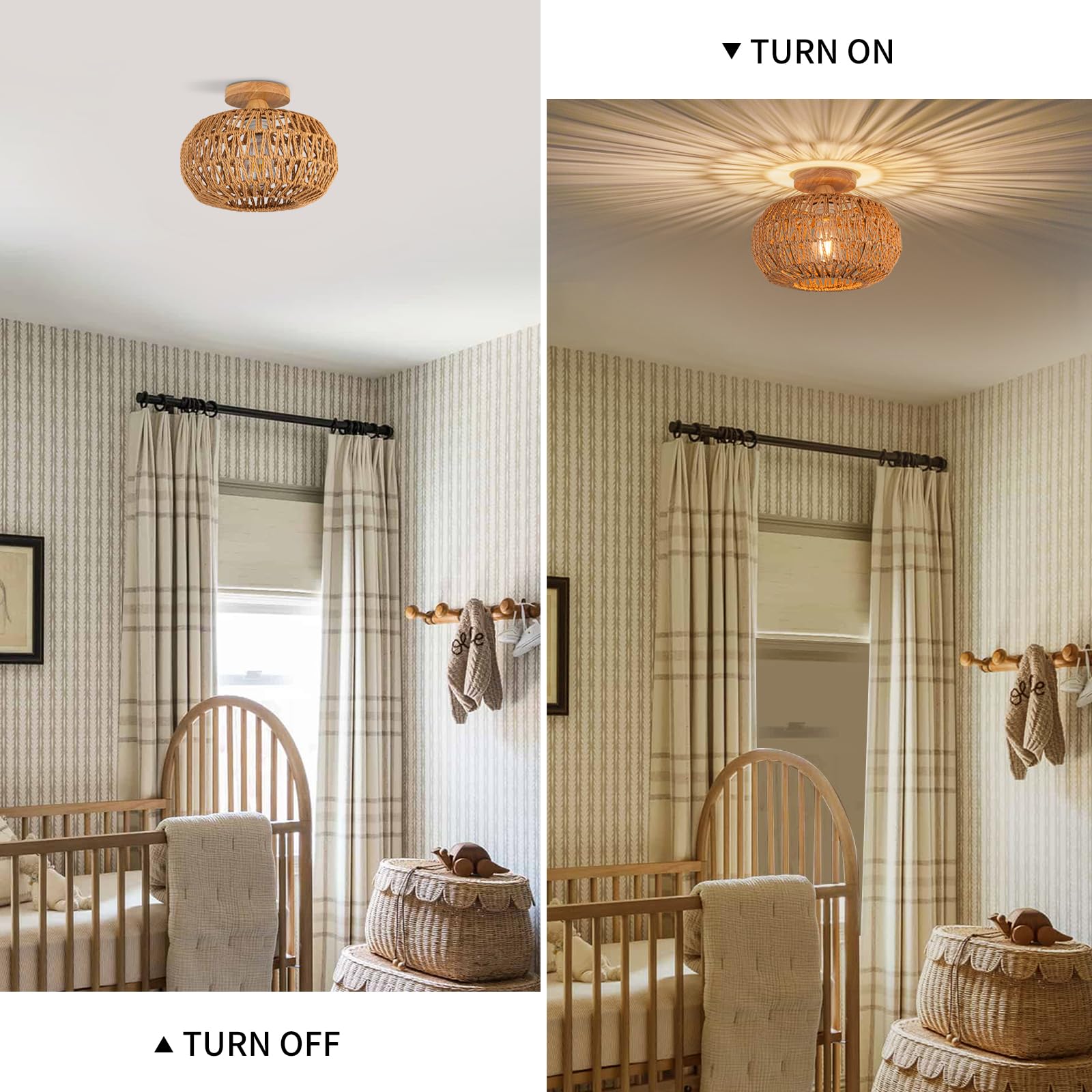 Zswanbei Boho Light Fixtures Ceiling Mount Boho Rattan Ceiling Light Flush Mount Mini Chandelier Woven Ceiling Light Fixture For