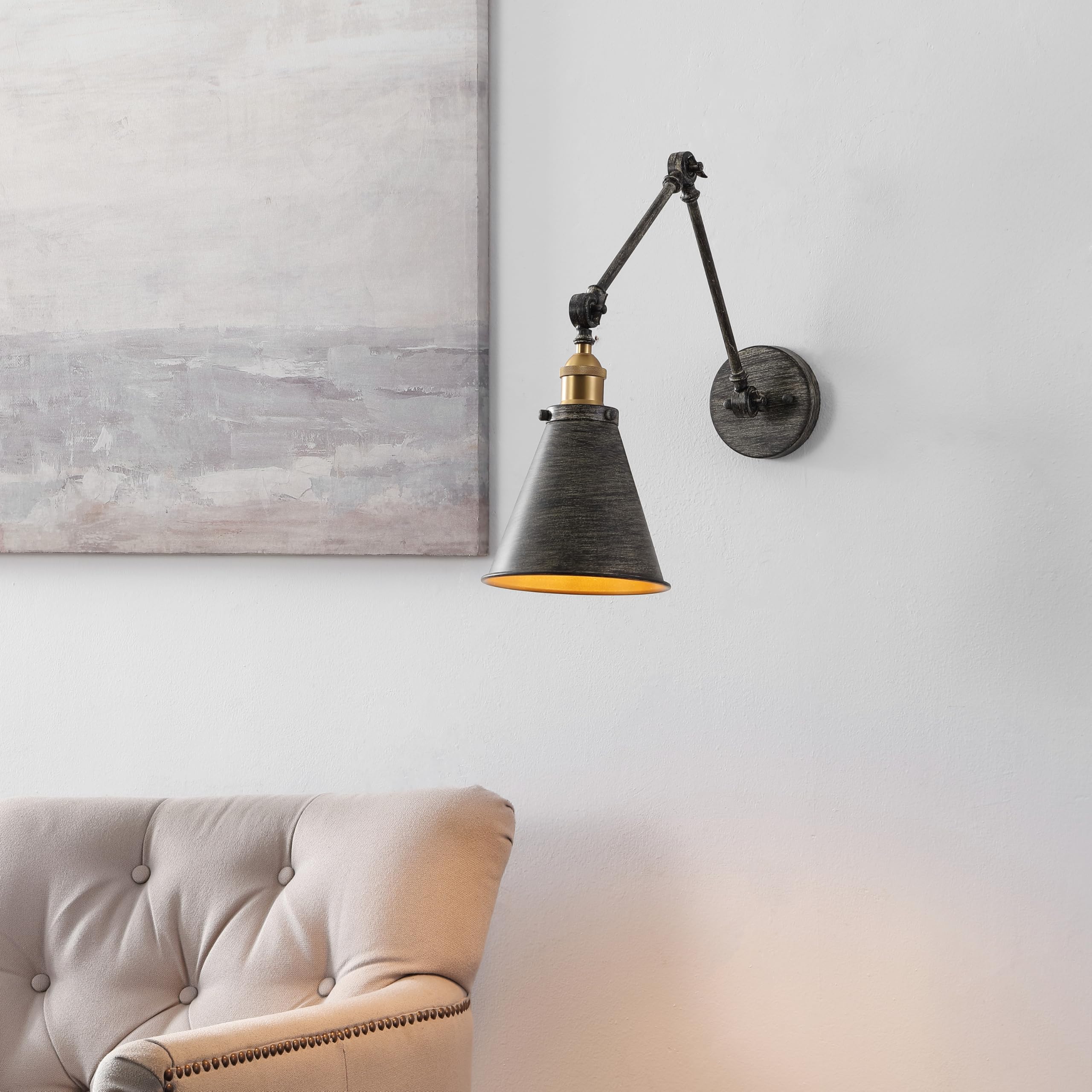 Jonathan Y Jyl7462D Rover 7'' Classic Industrial Metal Adjustable Arm Led Wall Sconce, Rustic Dark Gray/Brass Gold For Bedroom,