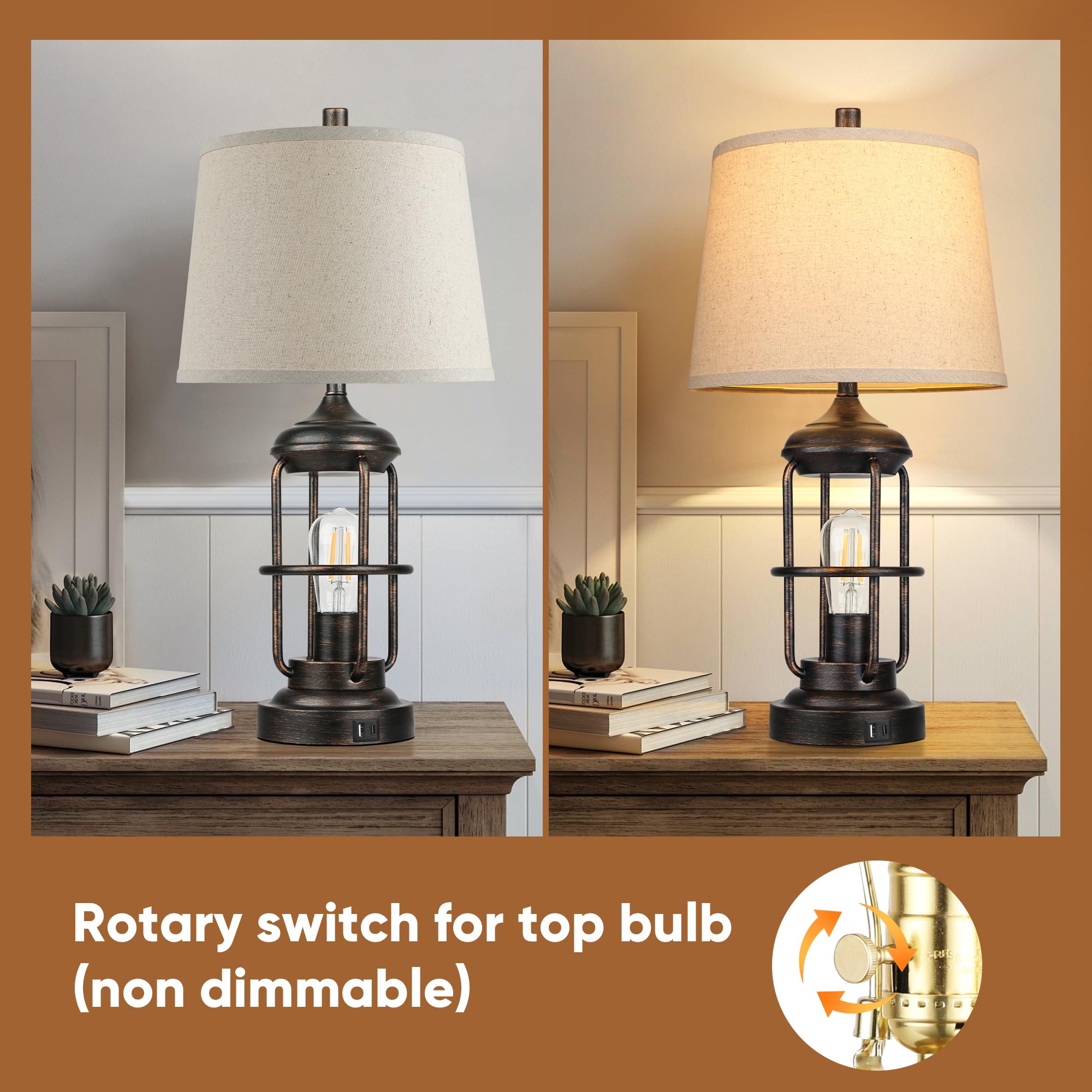 Qimh Table Lamp For Living Room With Usb A+C Ports, Farmhouse Bedside Lamp With Nightlight, 3-Way Dimmable Touch Control, Retro