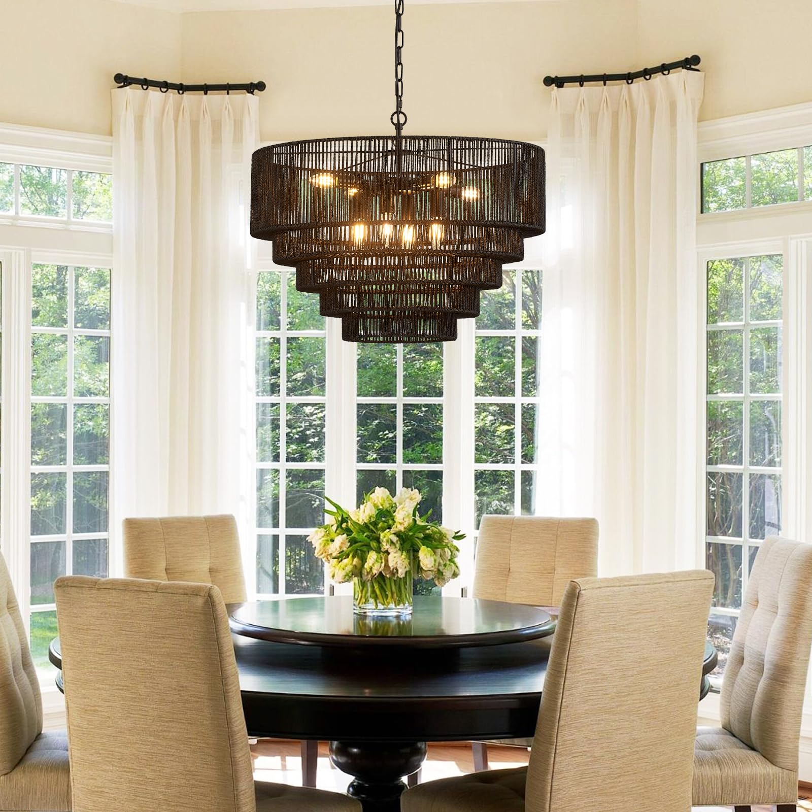 Yomecoo 25.6'' Black Rattan Chandelier Vintage 8-Lights Farmhouse Boho Hand-Woven Bamboo Black Chandelier Light Fixture Retro Dr