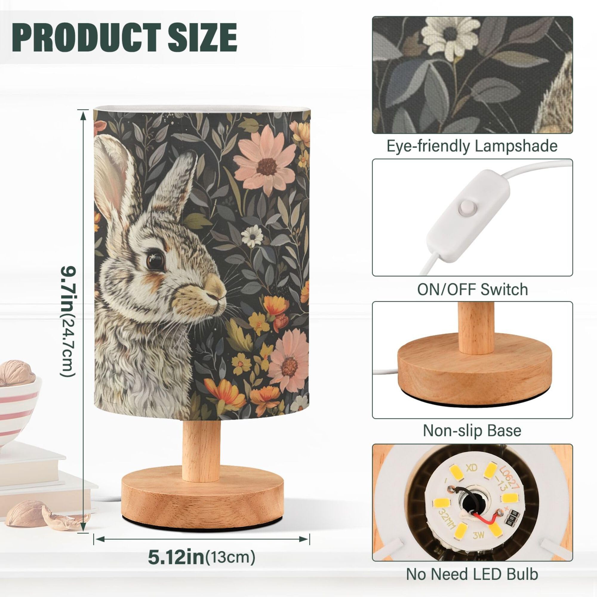 Yyzzh Bunny Rabbit Floral Field Table Lamp With Wood Base Fabric Lamp Shade Bedside Desk Lamp For Living Room Bedroom Kids Room