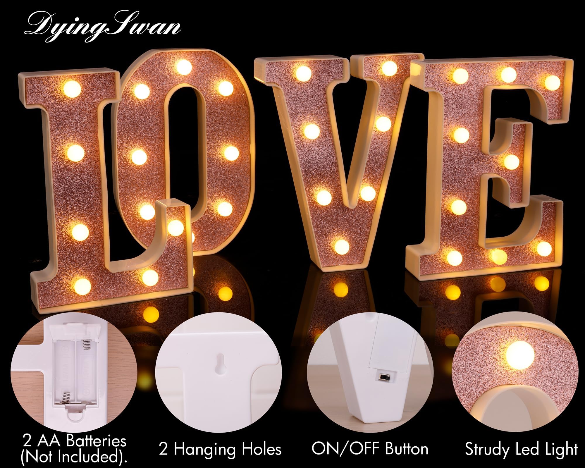 DyingSwan Small LED Marquee Letter Lights, 8.58in Pink Glitter Letter U, Battery Powered Plastic Decor for Parties and Events