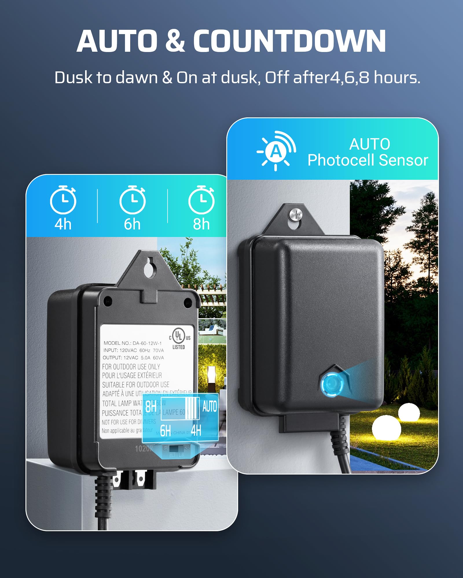 Dewenwils 60W Low Voltage Landscape Transformer With Photocell Sensor, Low Voltage Transformer 120V Ac To 12V Ac, Landscape Ligh