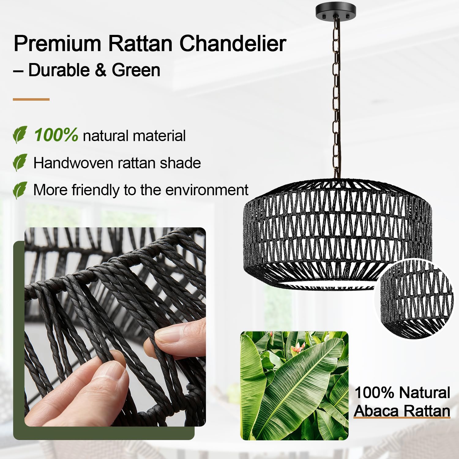 Lynnoland Farmhouse Black Chandelier Light Fixture  5-Light Rustic Boho Chandeliers With Rattan & Linen Shade  Black Hanging Lighting For Dining Room  Kitchen Island  Bedroom (Bulbs Not Included)