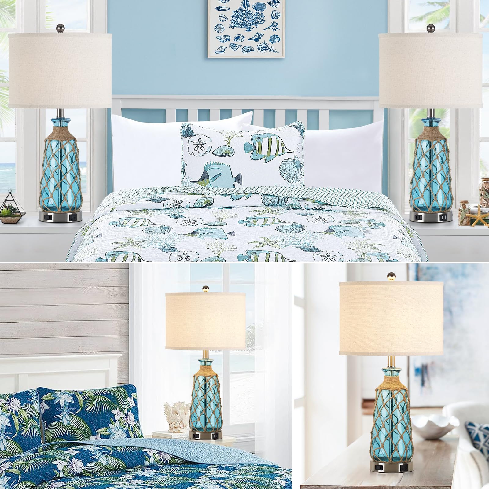 Ruzectt Coastal Glass Table Lamps - 3-Way Dimmable Touch Control, Teal, USB Ports & AC Outlet, LED Bulbs Included