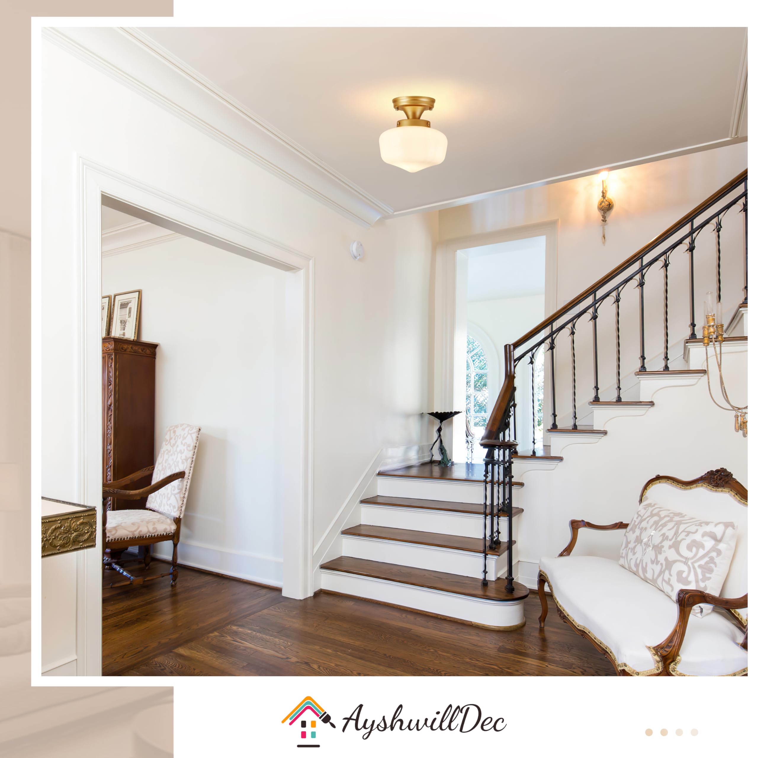 AyshwillDec Brass Ceiling Light Fixture, 8in Mid Century Design, Milk Glass, Semi Flush Mount, 8 Inch Gold, Model: meishi-210