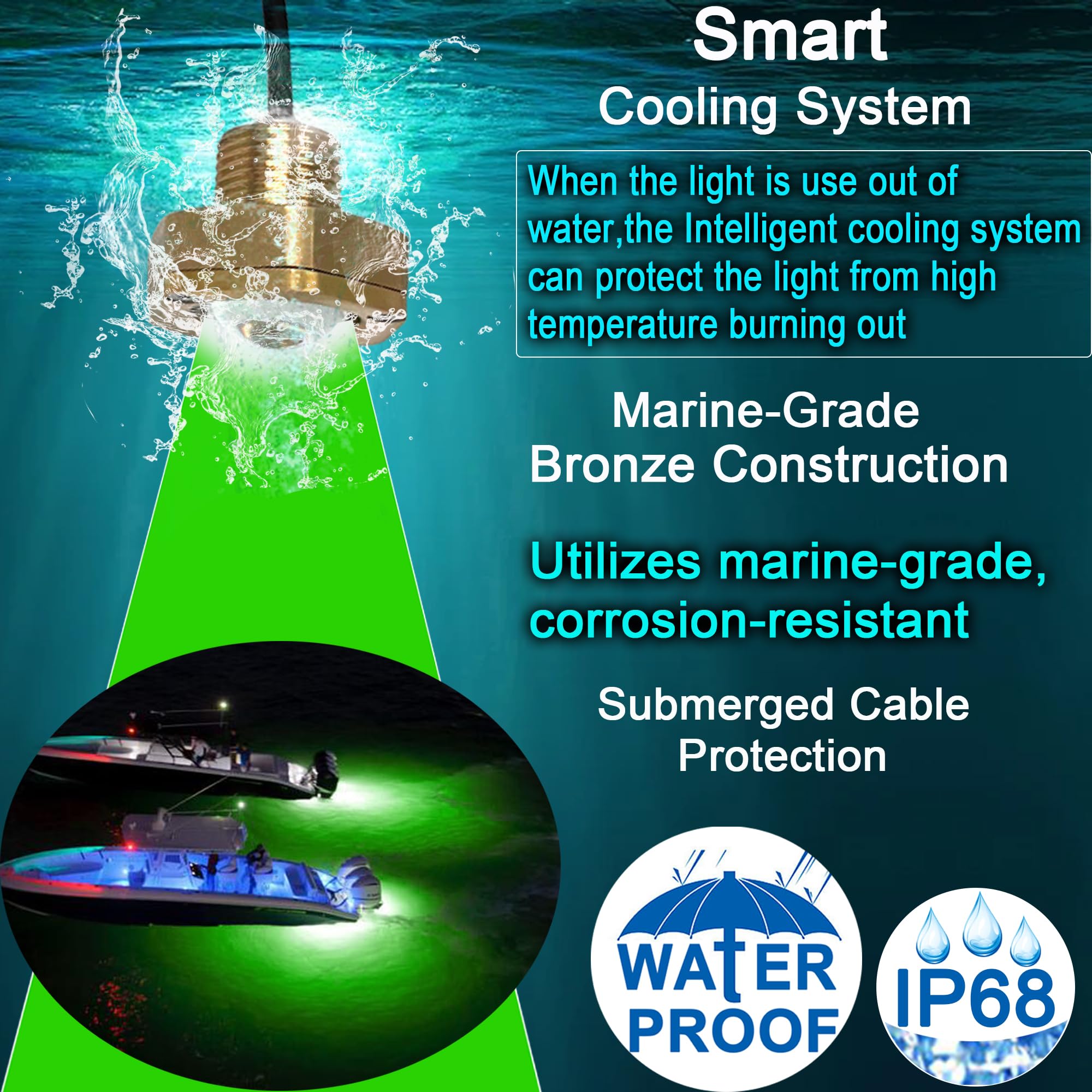 Kingshowstar Waterproof RGB Underwater Boat Trailer Light - 2 Pcs 1/2" NPT, Bronze Housing, APP RF Remote Control, 4100LM